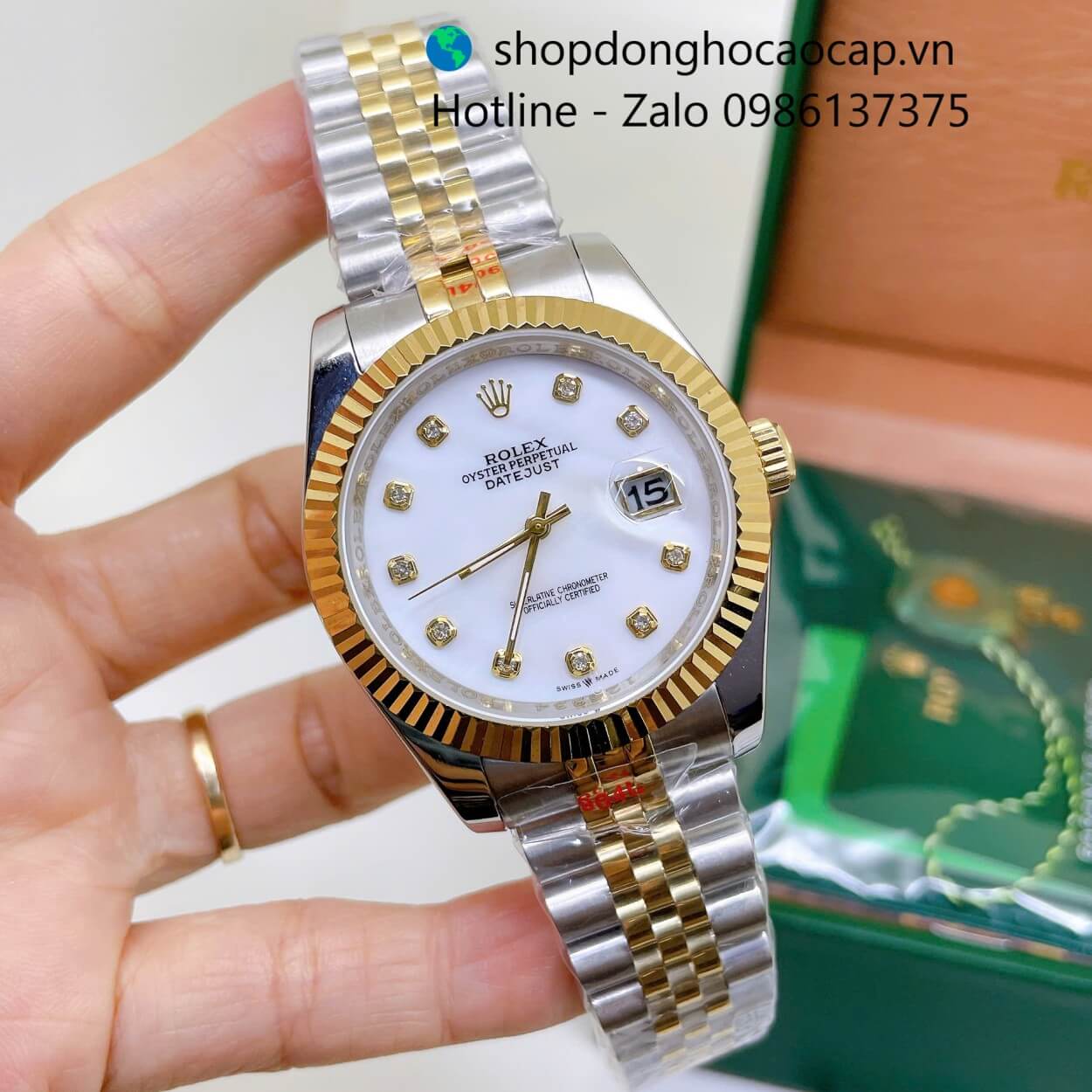 Đồng Hồ Rolex Datejust Nam Máy Pin Dây Kim Loại Demi Vàng Mặt Trắng Xà Cừ Size 41mm