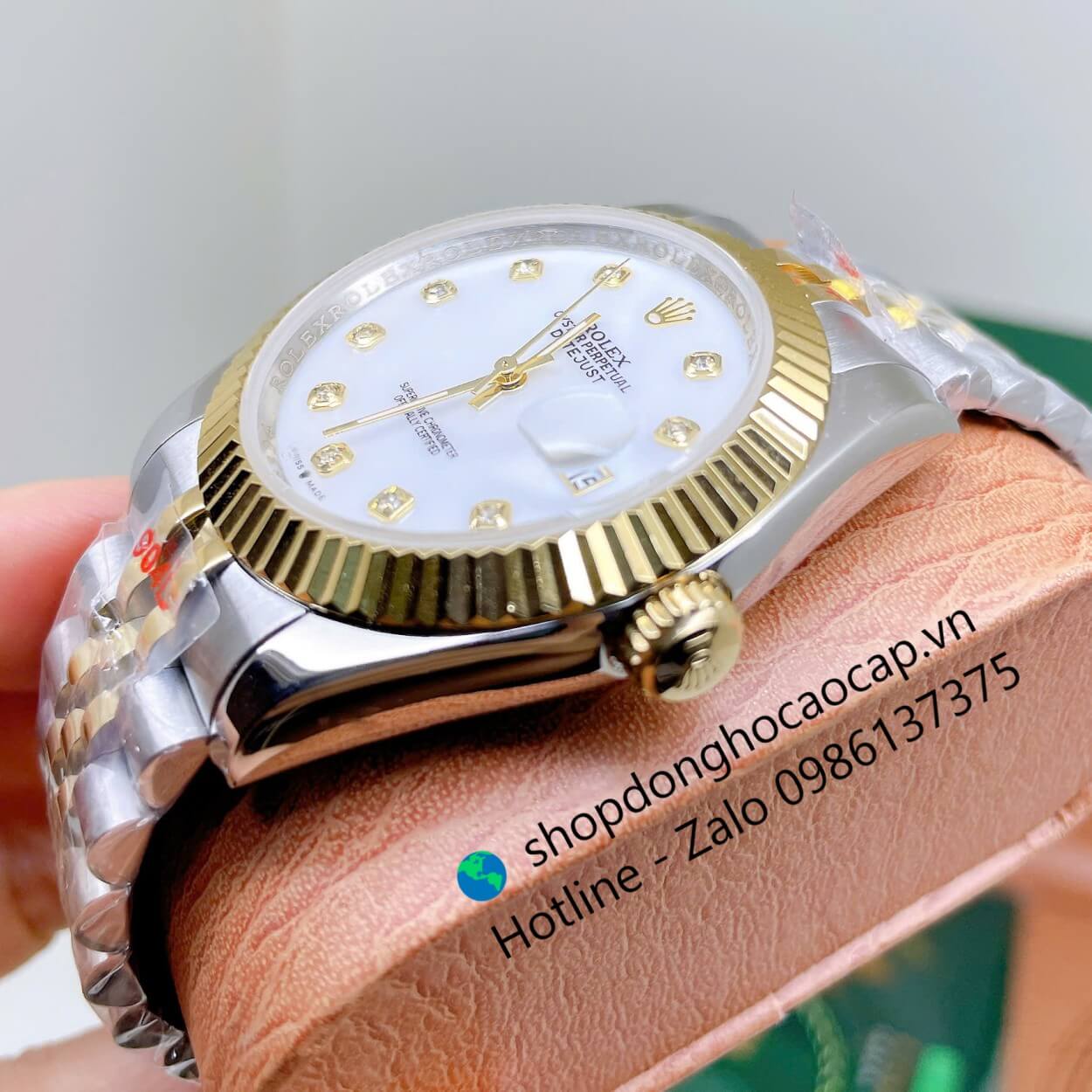 Đồng Hồ Rolex Datejust Nam Máy Pin Dây Kim Loại Demi Vàng Mặt Trắng Xà Cừ Size 41mm