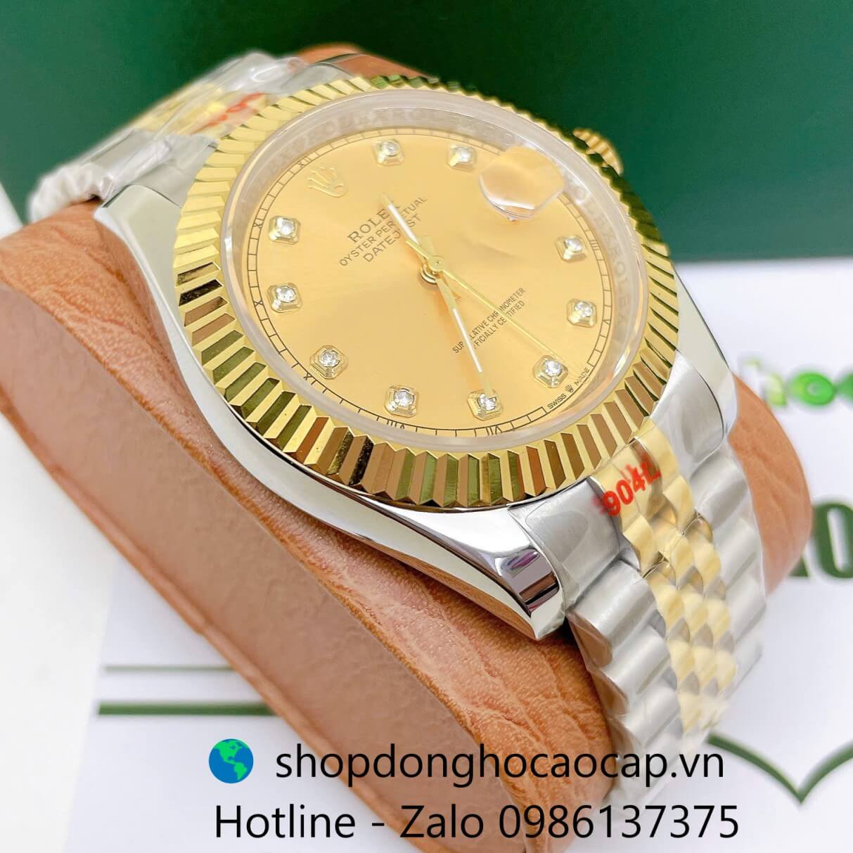 Đồng Hồ Rolex Datejust Nam Máy Pin Dây Kim Loại Demi Vàng Mặt Vàng Size 41mm