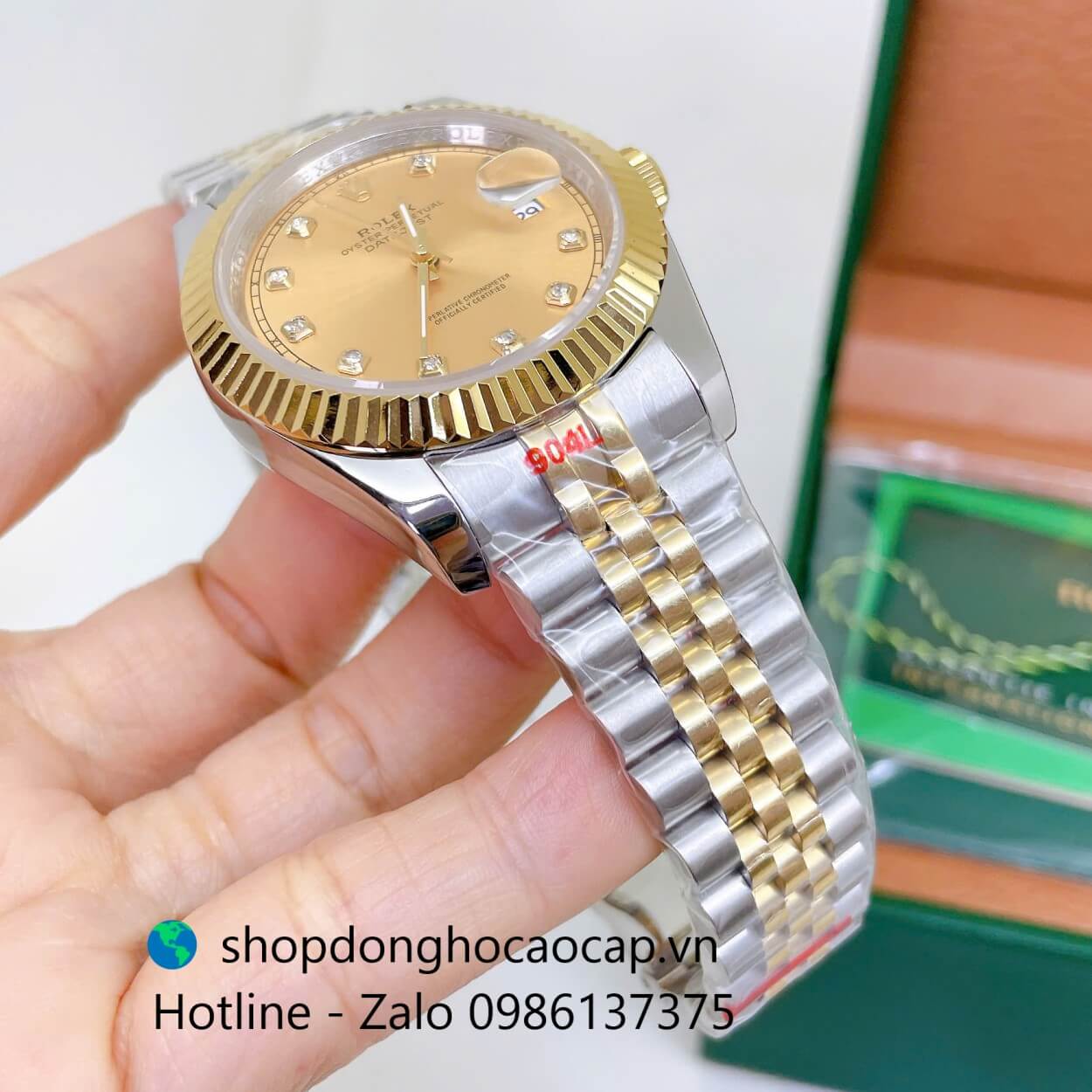 Đồng Hồ Rolex Datejust Nam Máy Pin Dây Kim Loại Demi Vàng Mặt Vàng Size 41mm