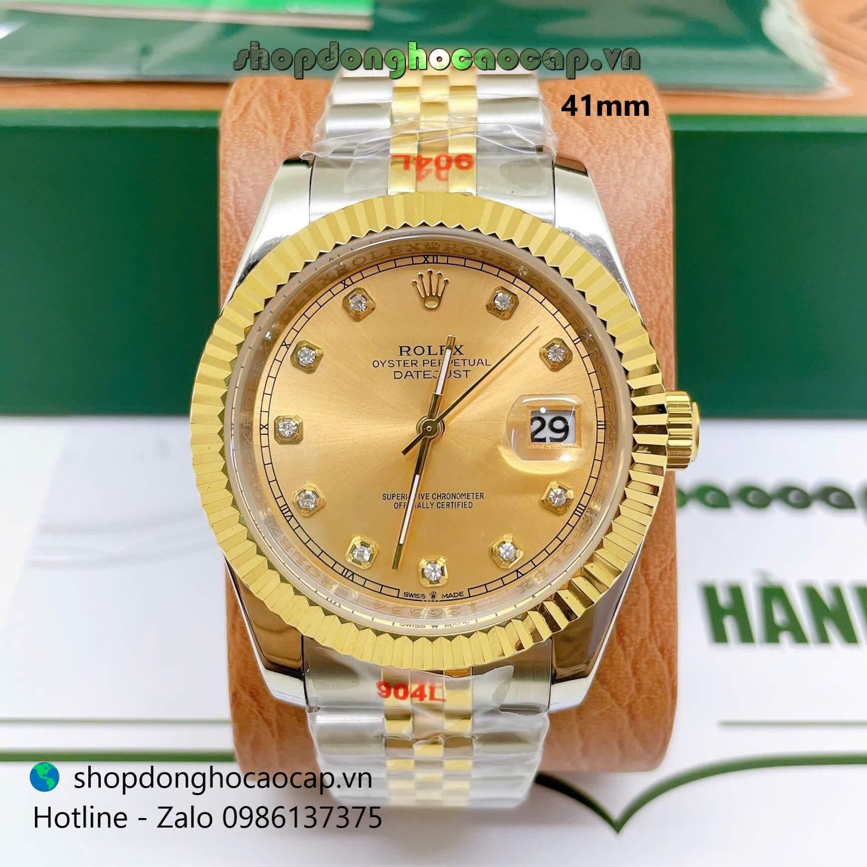 Đồng Hồ Cặp Rolex Datejust Máy Pin Dây Demi Vàng Mặt Vàng Niềng Khía Size 41mm - 31mm