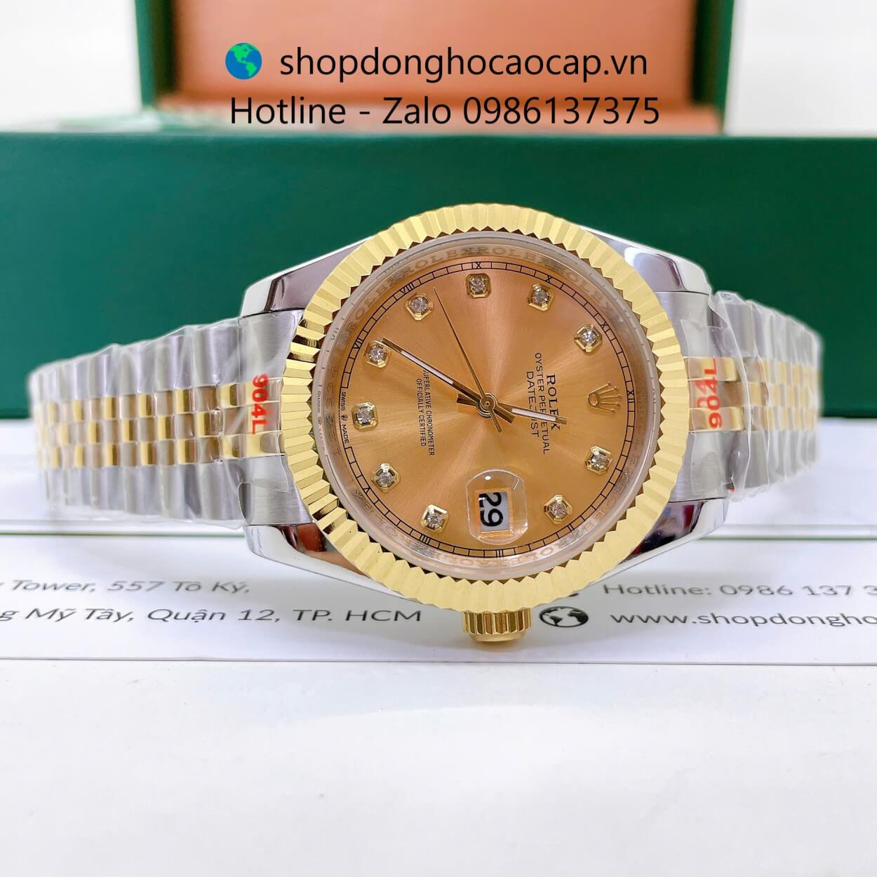 Đồng Hồ Rolex Datejust Nam Máy Pin Dây Kim Loại Demi Vàng Mặt Vàng Size 41mm