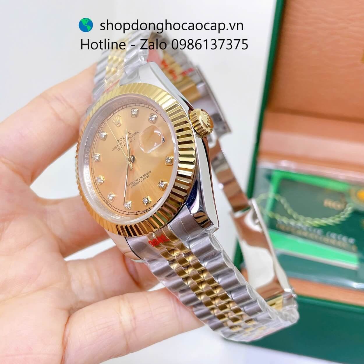 Đồng Hồ Rolex Datejust Nam Máy Pin Dây Kim Loại Demi Vàng Mặt Vàng Size 41mm