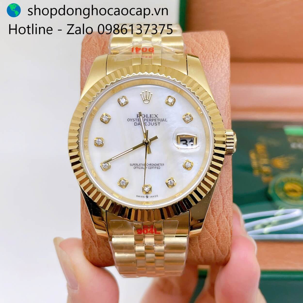 Đồng Hồ Rolex Datejust Nam Máy Pin Dây Kim Loại Vàng Mặt Trắng Xà Cừ Size 41mm - Niềng Khía