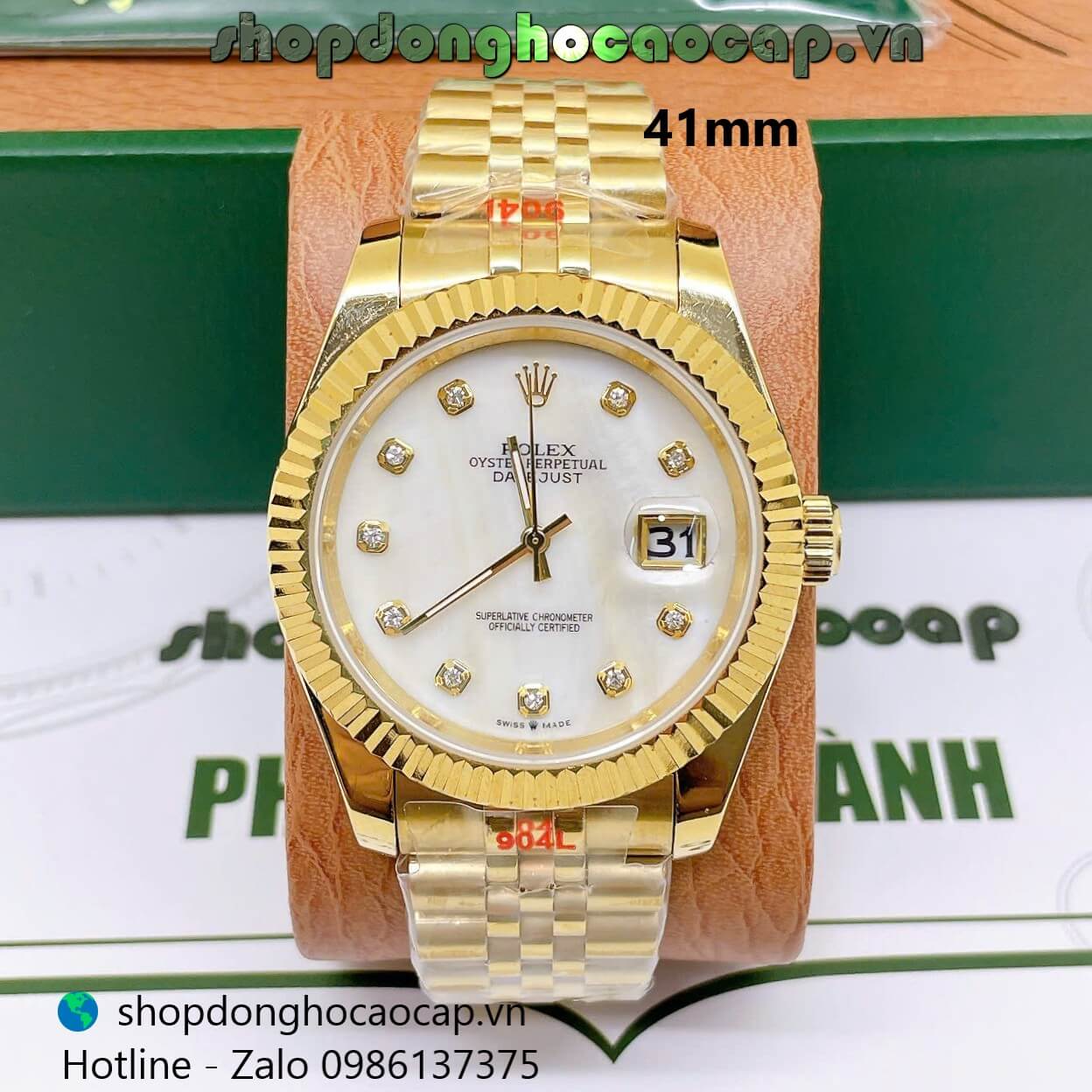 Đồng Hồ Rolex Datejust Nam Máy Pin Dây Kim Loại Vàng Mặt Trắng Xà Cừ Size 41mm - Niềng Khía
