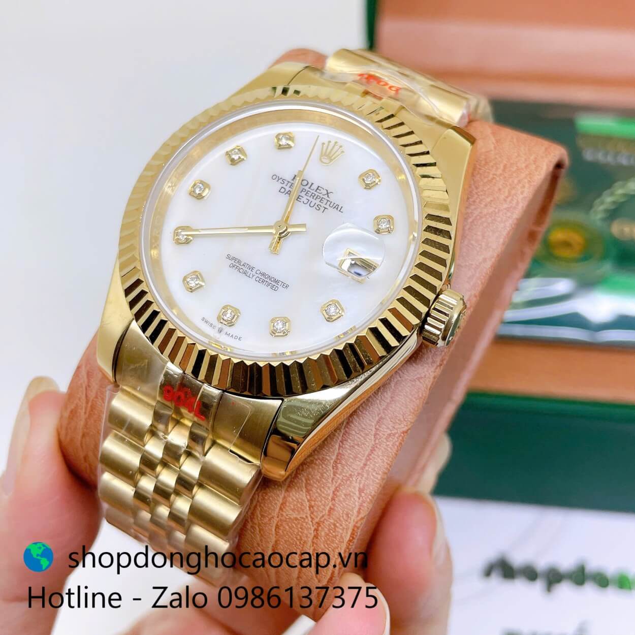 Đồng Hồ Rolex Datejust Nam Máy Pin Dây Kim Loại Vàng Mặt Trắng Xà Cừ Size 41mm - Niềng Khía