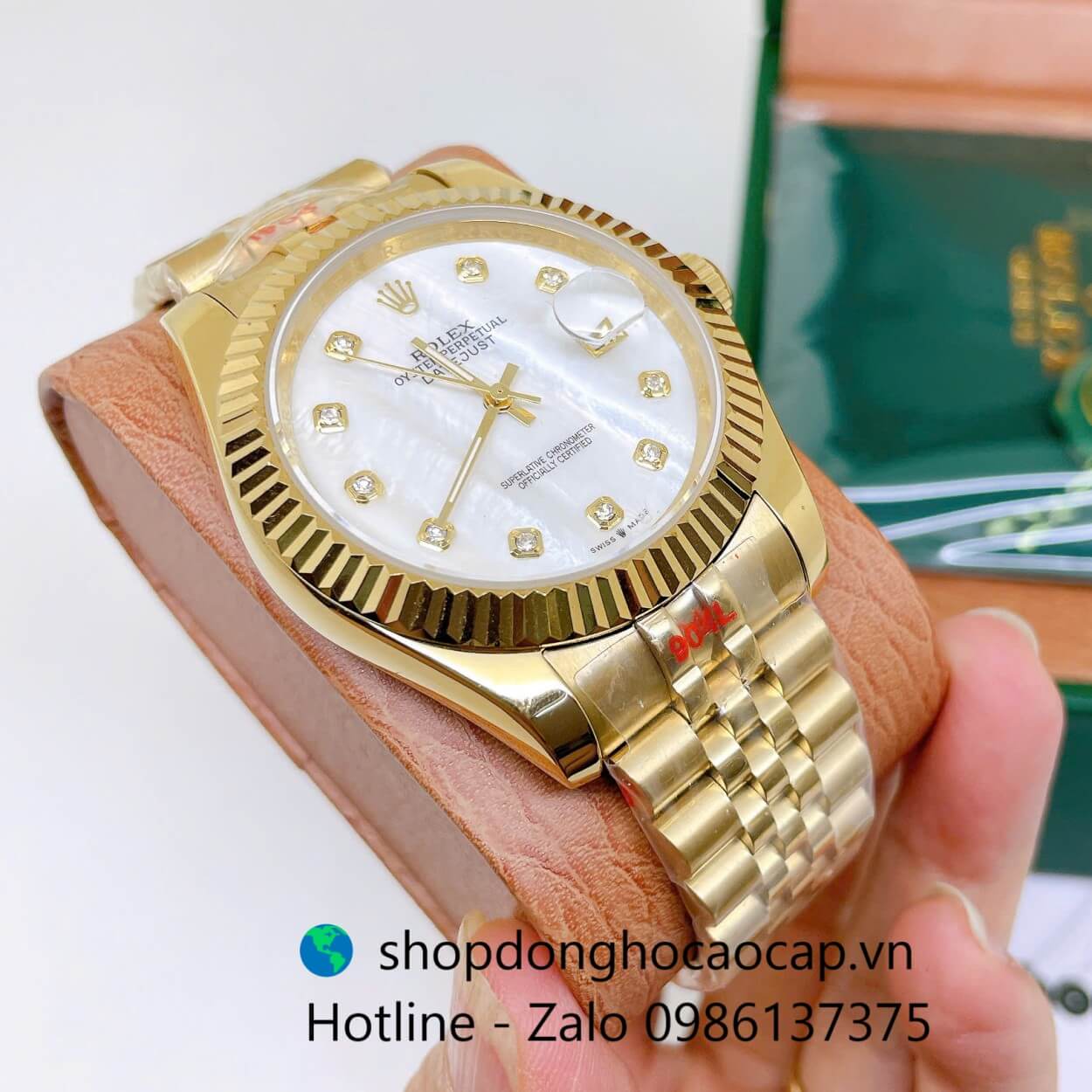 Đồng Hồ Rolex Datejust Nam Máy Pin Dây Kim Loại Vàng Mặt Trắng Xà Cừ Size 41mm - Niềng Khía