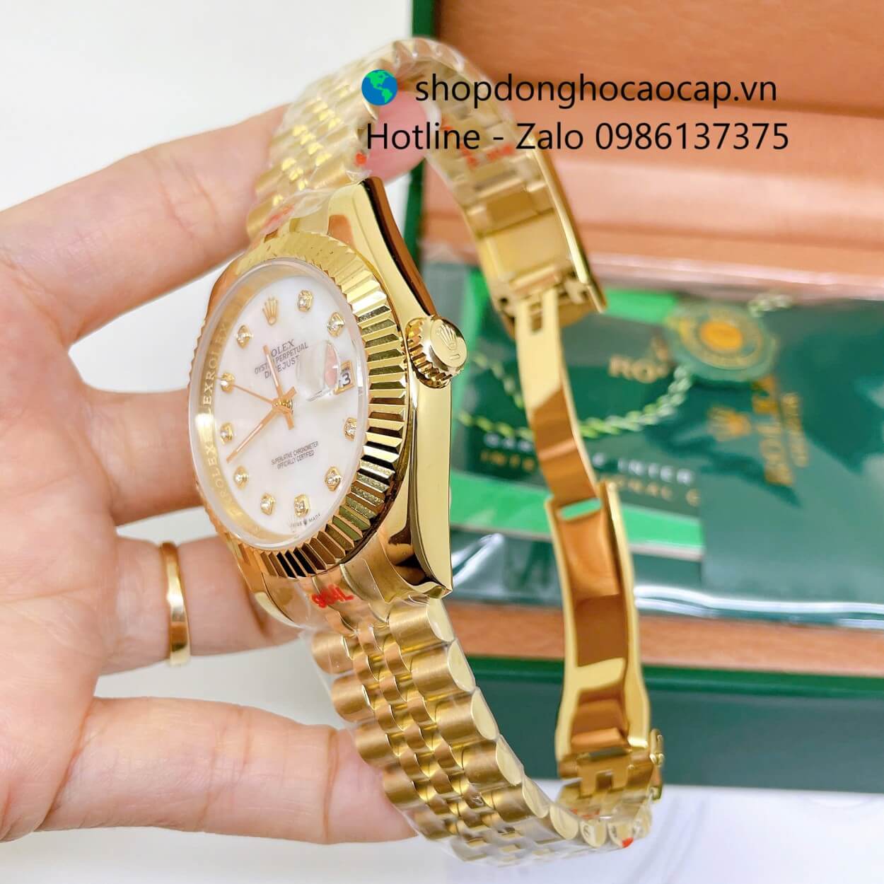 Đồng Hồ Rolex Datejust Nam Máy Pin Dây Kim Loại Vàng Mặt Trắng Xà Cừ Size 41mm - Niềng Khía