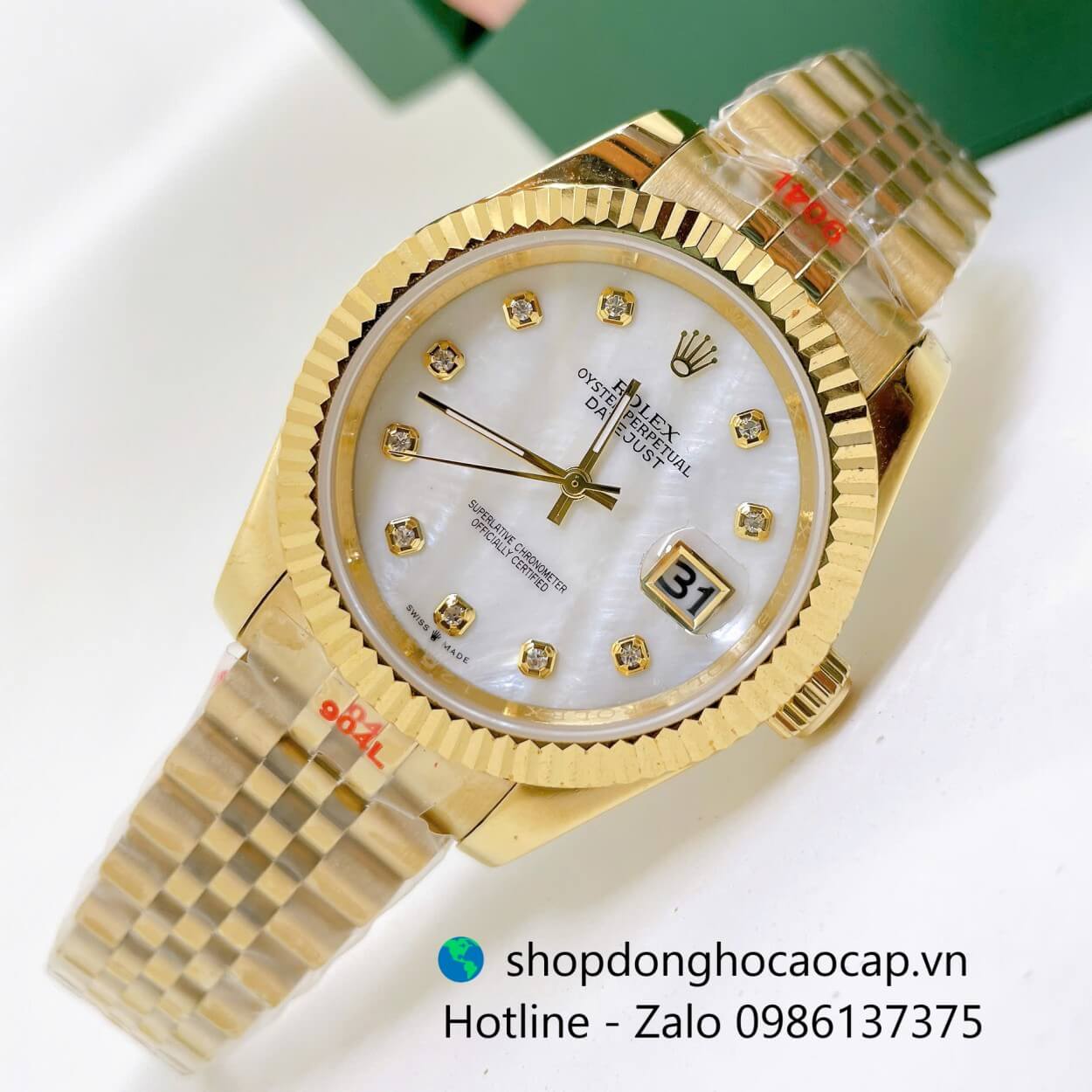 Đồng Hồ Cặp Rolex Datejust Máy Pin Dây Vàng Mặt Trắng Xà Cừ Niềng Khía Size 41mm - 31mm