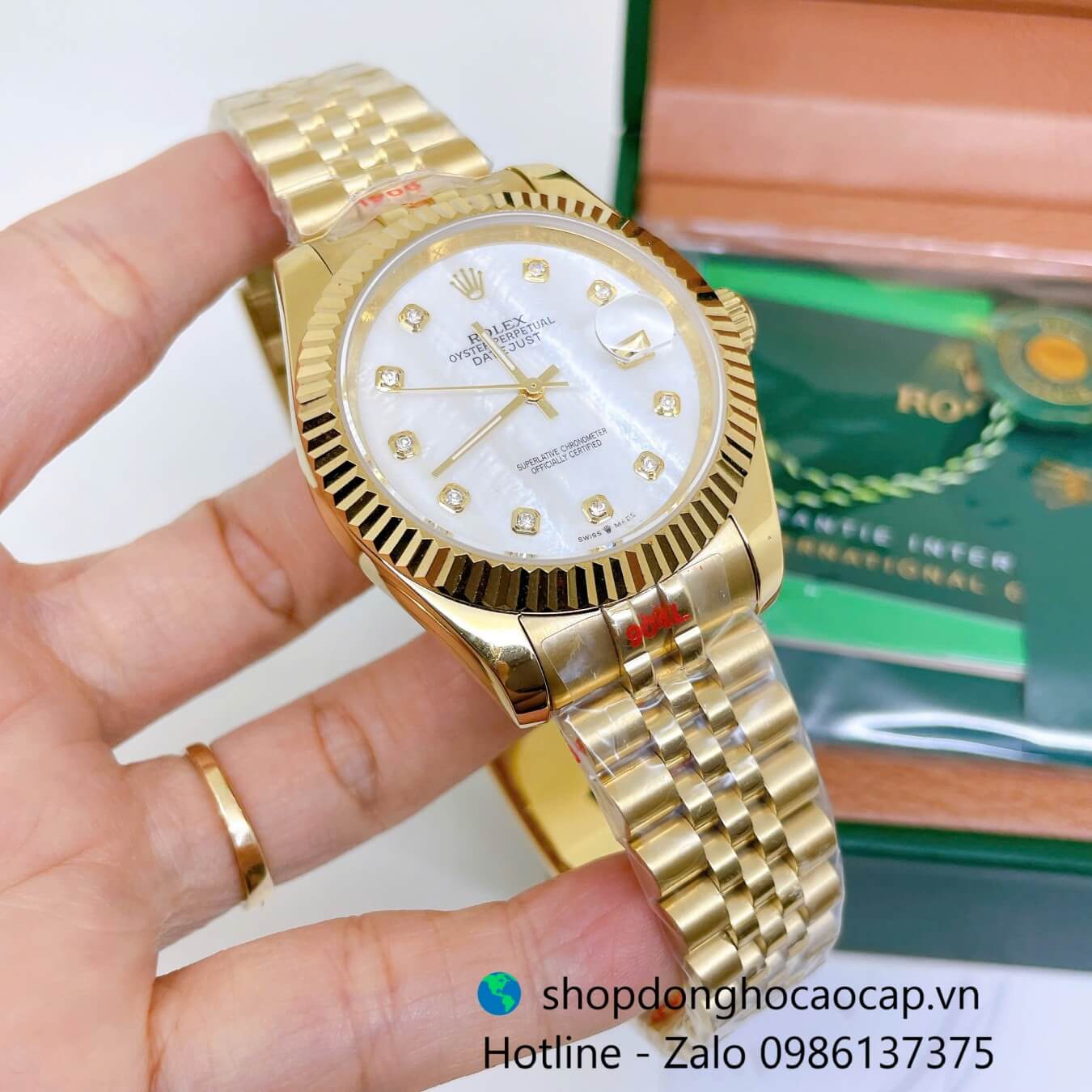 Đồng Hồ Rolex Datejust Nam Máy Pin Dây Kim Loại Vàng Mặt Trắng Xà Cừ Size 41mm - Niềng Khía