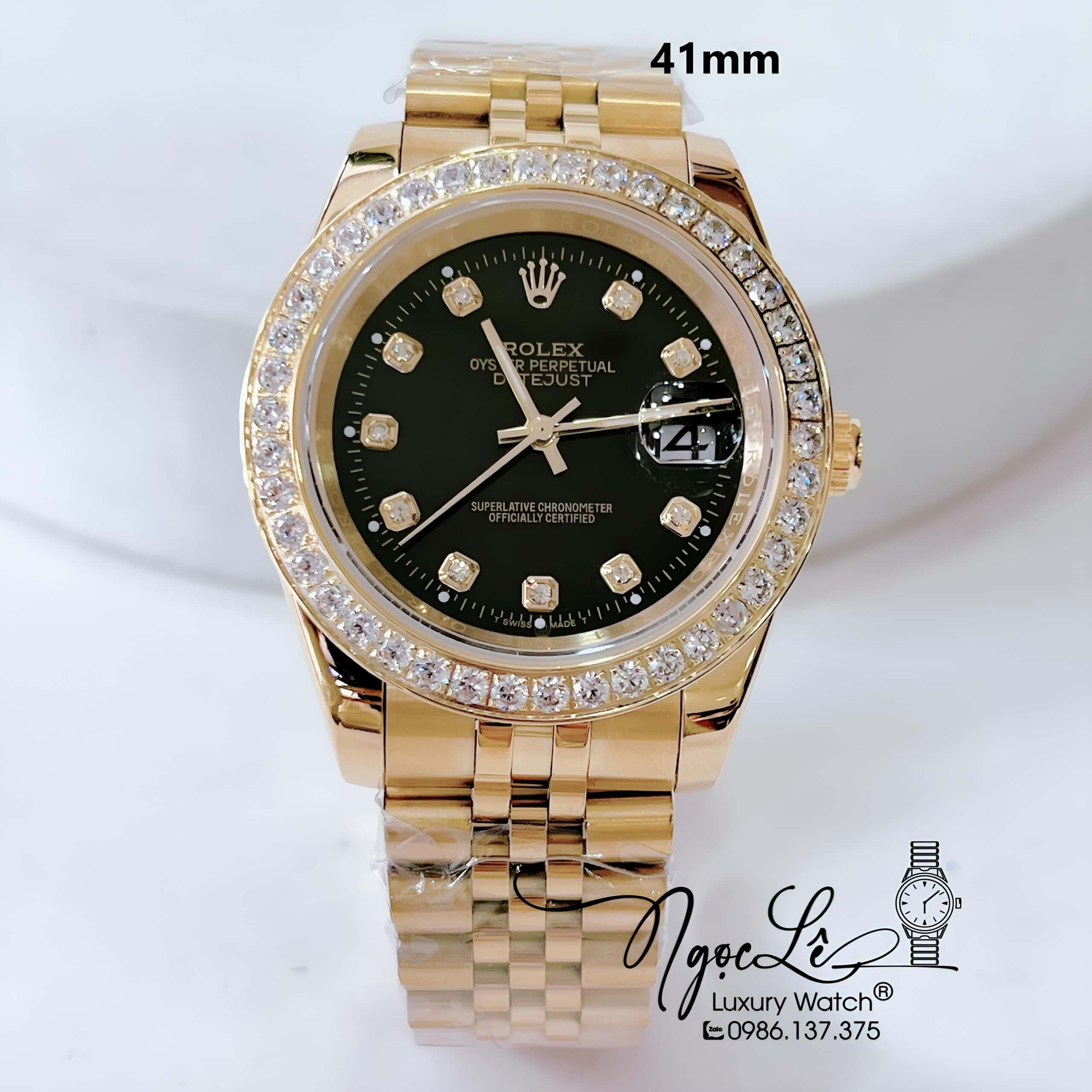 Đồng Hồ Nam Rolex Datejust Pin Màu Vàng Mặt Đen Đính Đá Size 41mm