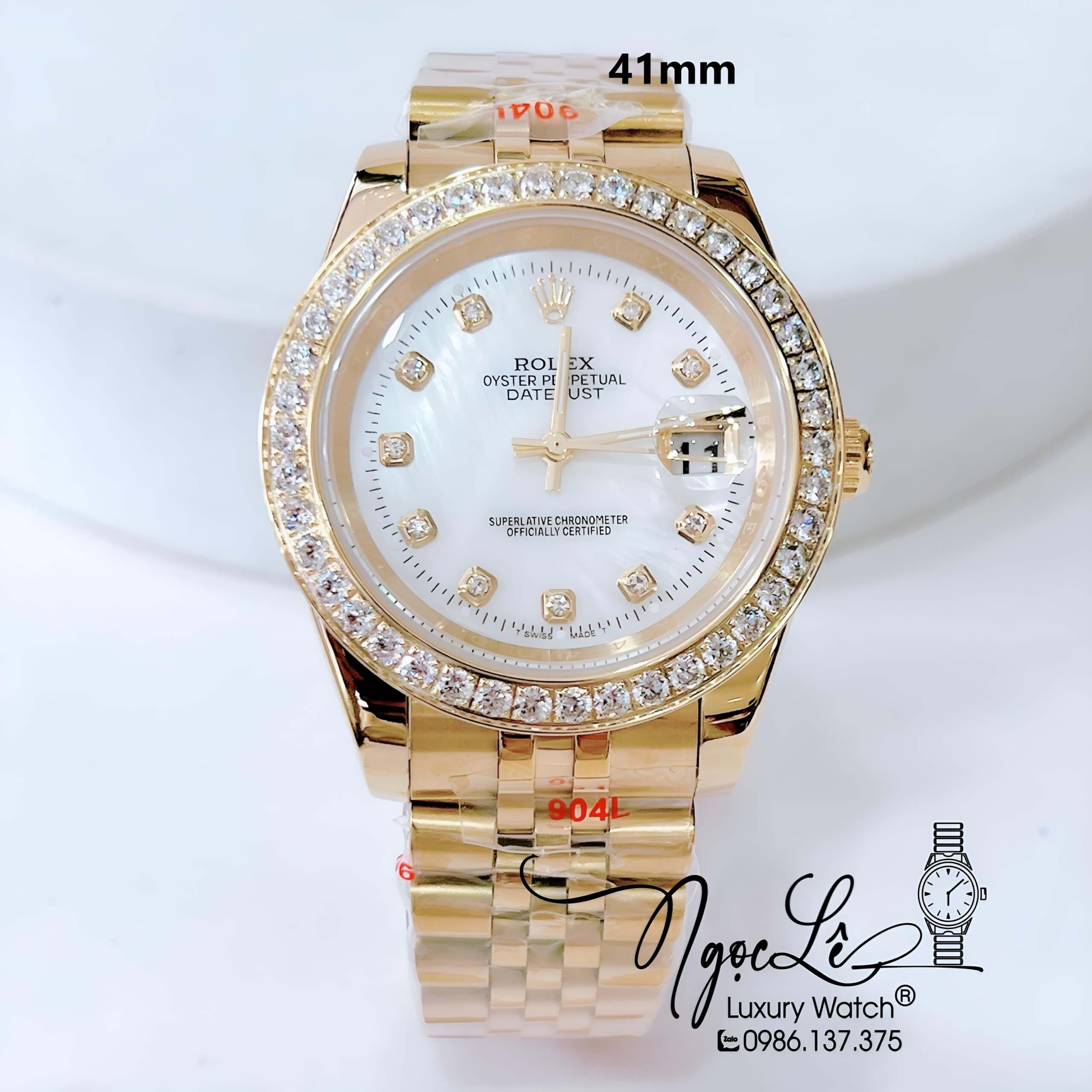 Đồng Hồ Nam Rolex Datejust Pin Màu Vàng Mặt Trắng Xà Cừ Đính Đá Size 41mm