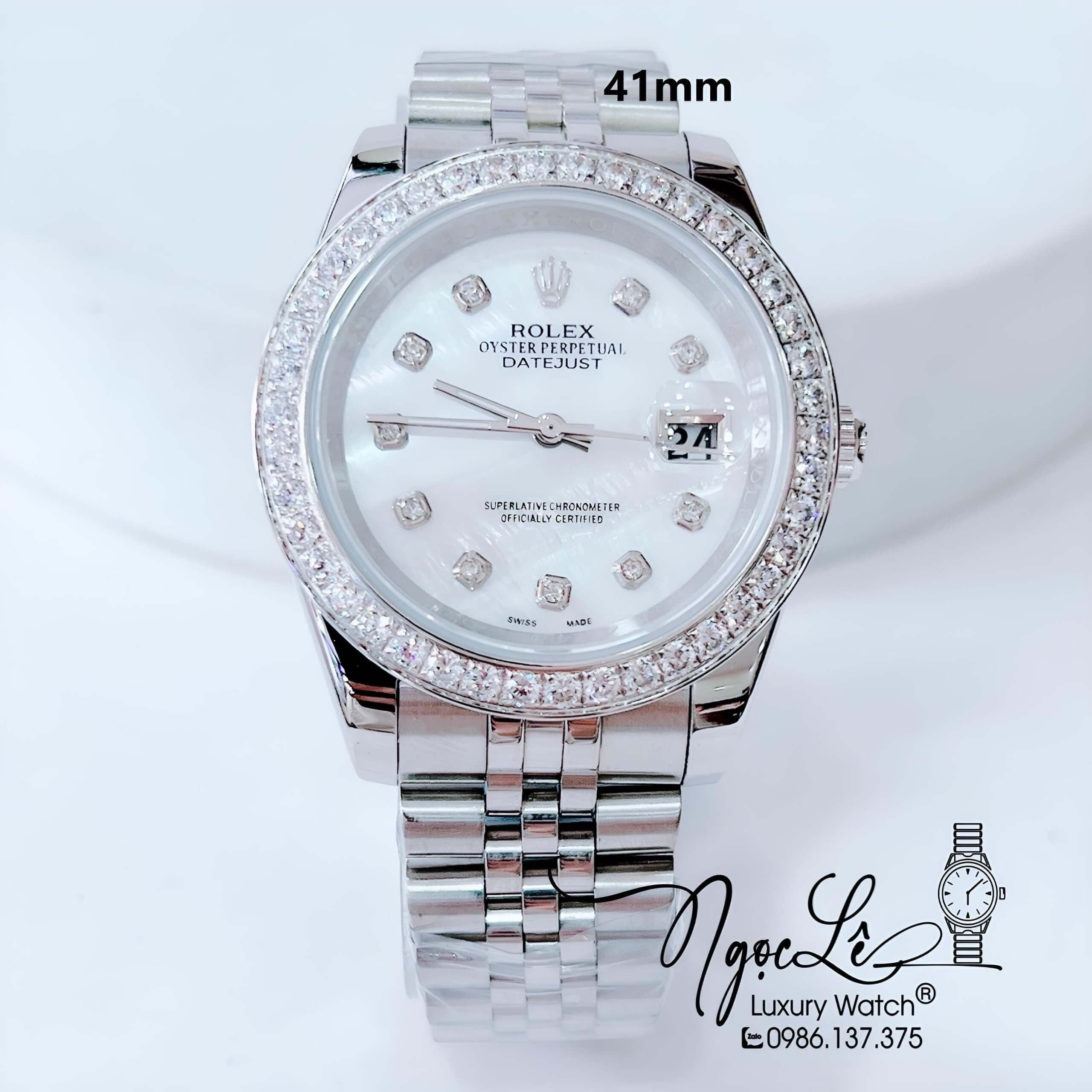 Đồng Hồ Nam Rolex Datejust Pin Màu Bạc Mặt Trắng Xà Cừ Đính Đá Size 41mm