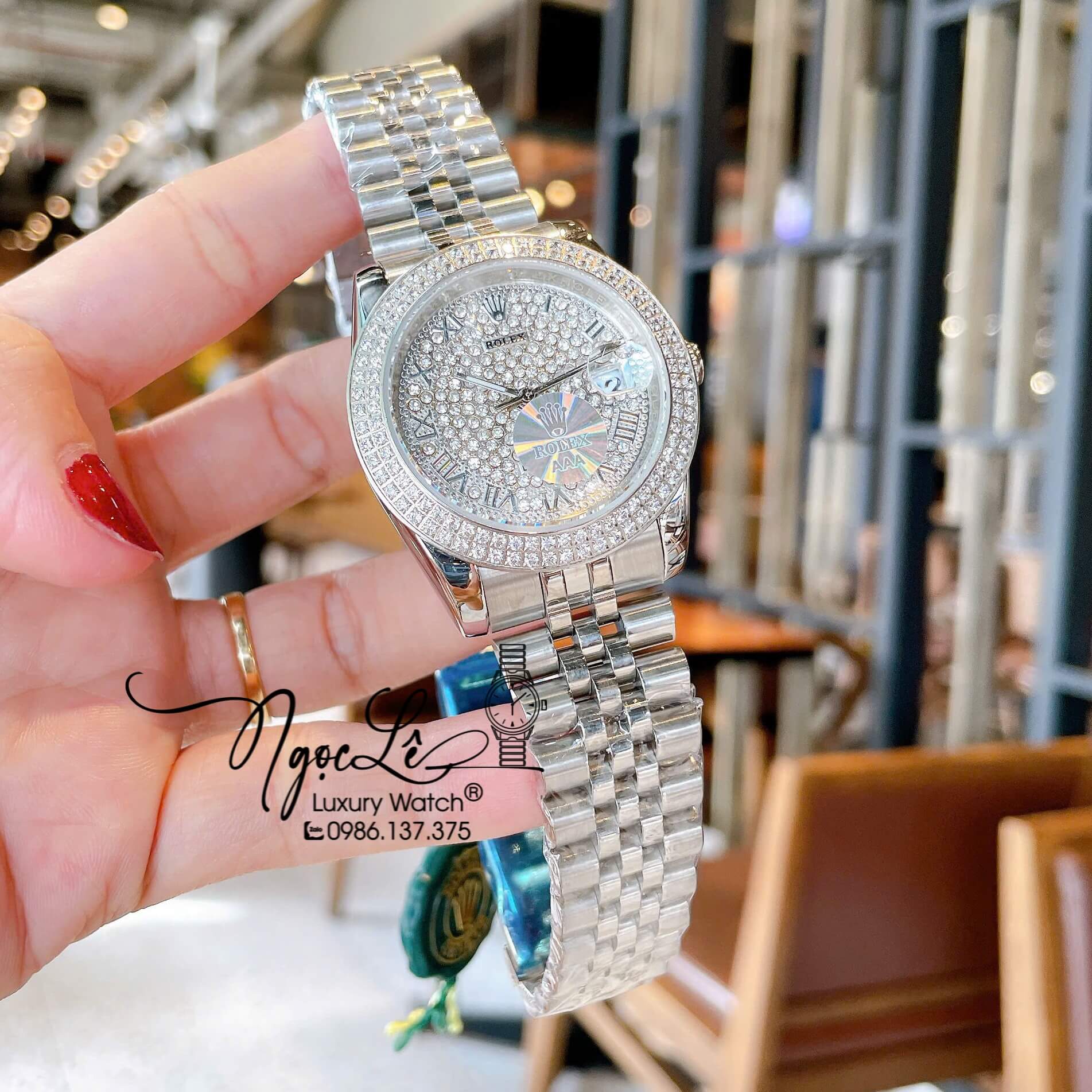 Đồng Hồ Rolex Datejust Pin Dây Kim Loại Màu Bạc Đính Đá Size 36mm Unisex