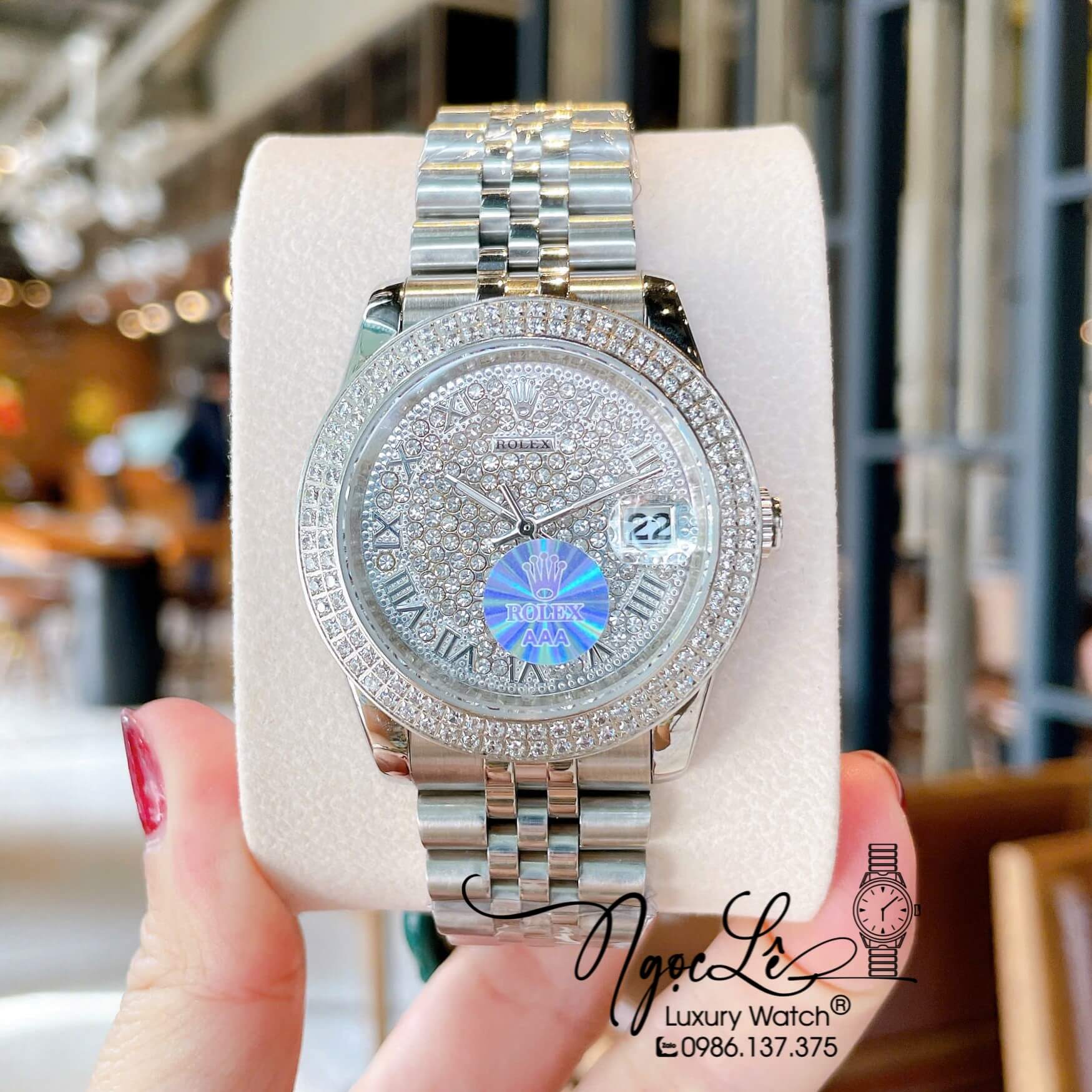 Đồng Hồ Rolex Datejust Pin Dây Kim Loại Màu Bạc Đính Đá Size 36mm Unisex
