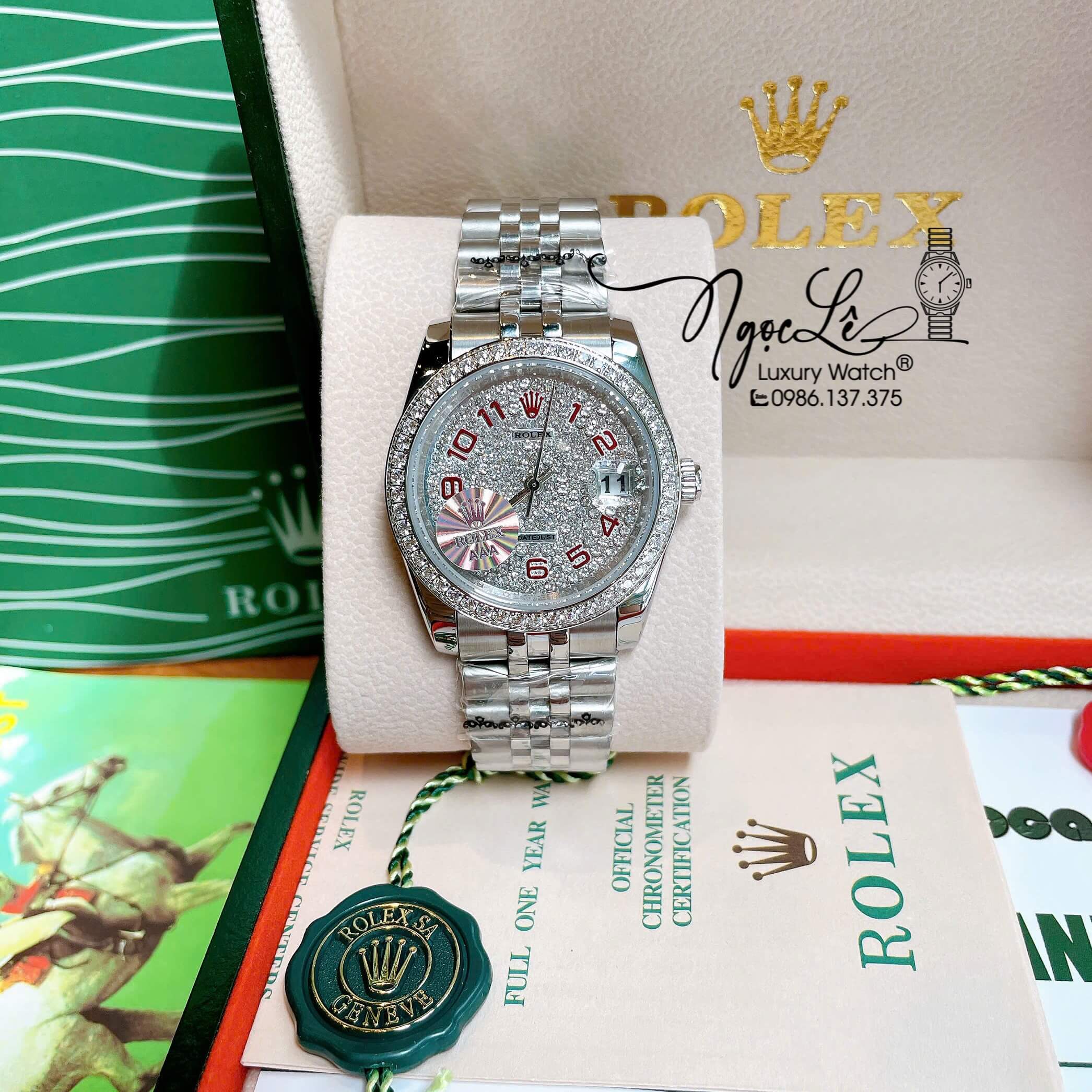 Đồng Hồ Rolex Datejust Pin Dây Kim Loại Màu Bạc Đính Đá Size 36mm Unisex Mặt Số Đỏ