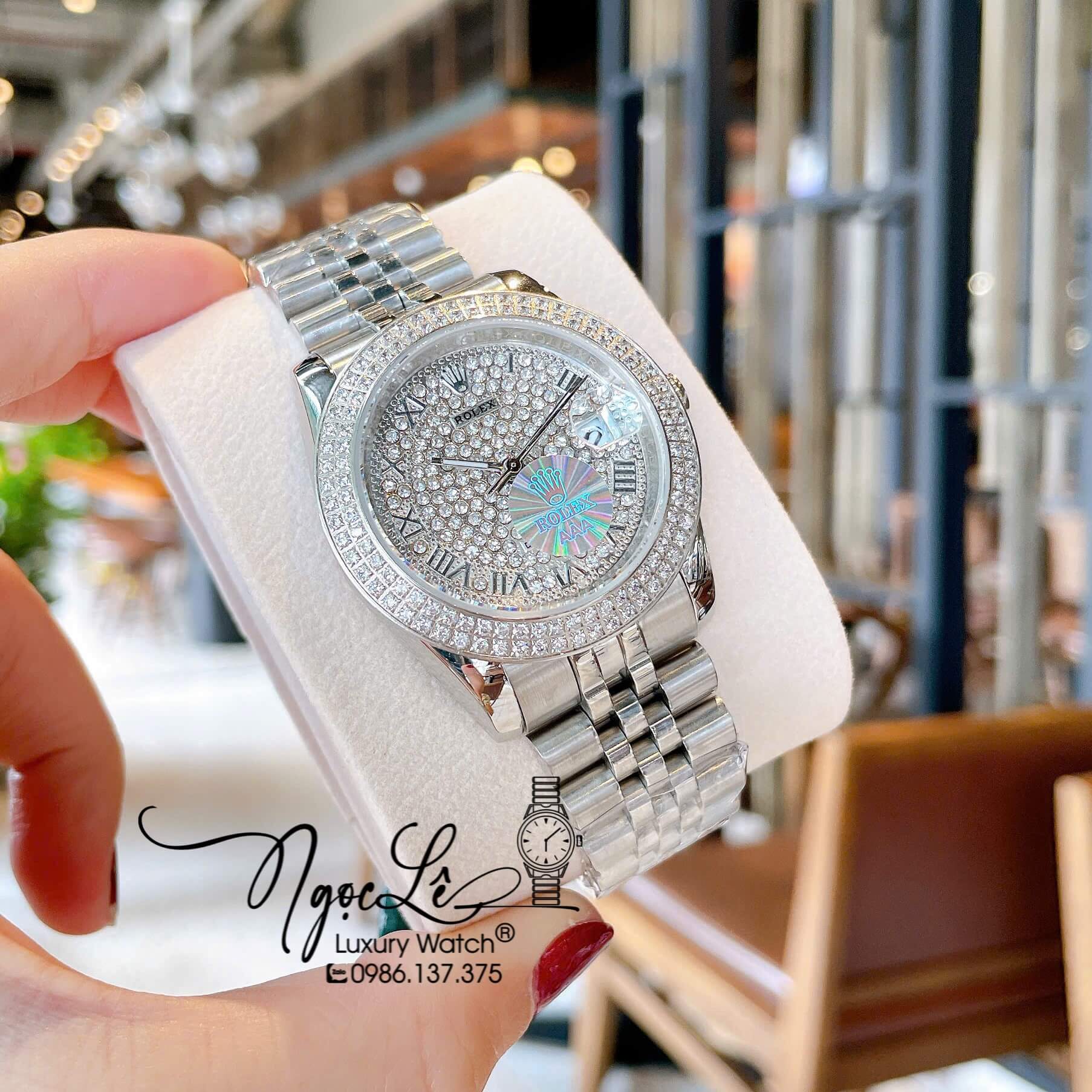 Đồng Hồ Rolex Datejust Pin Dây Kim Loại Màu Bạc Đính Đá Size 36mm Unisex