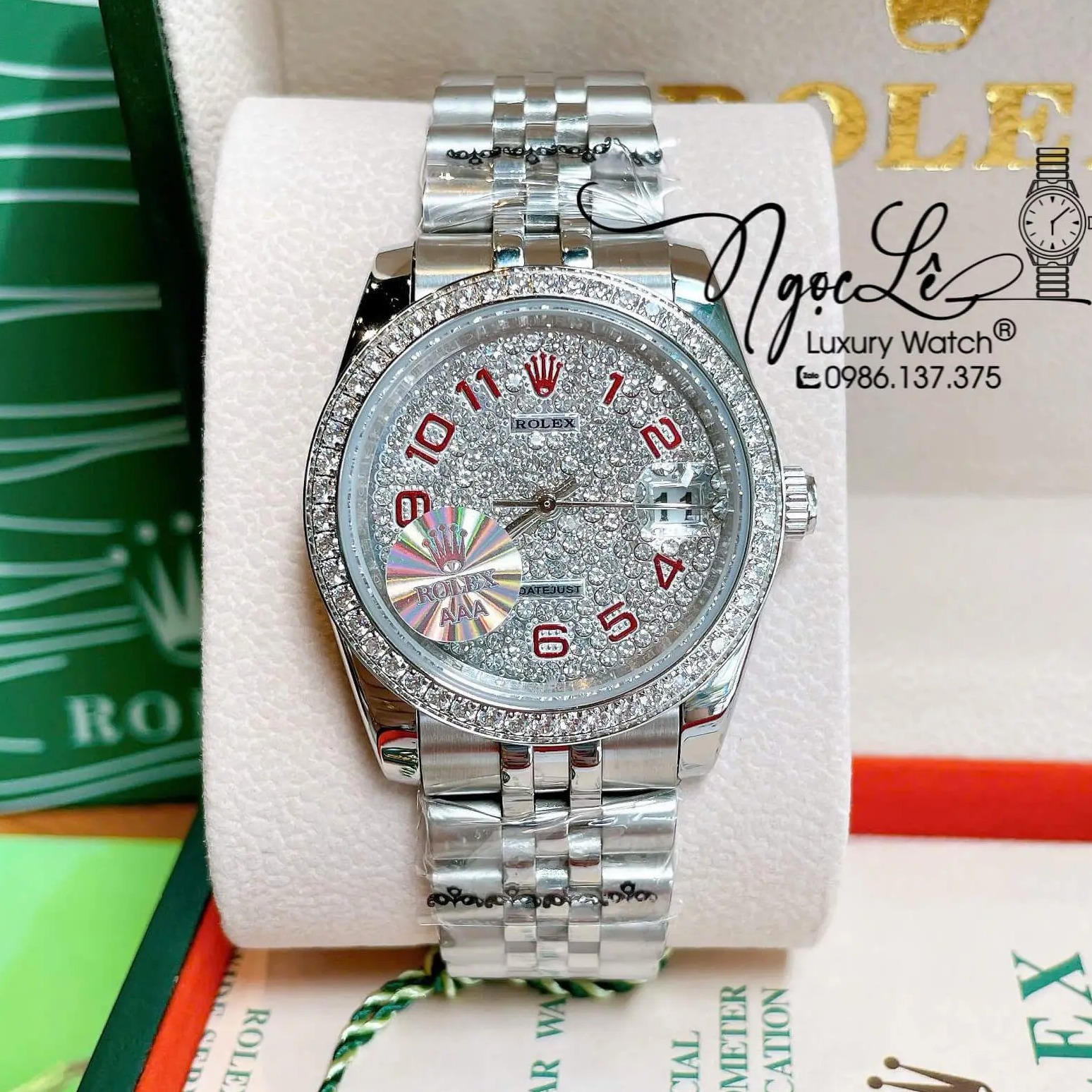 Đồng Hồ Rolex Datejust Pin Dây Kim Loại Màu Bạc Đính Đá Size 36mm Unisex Mặt Số Đỏ