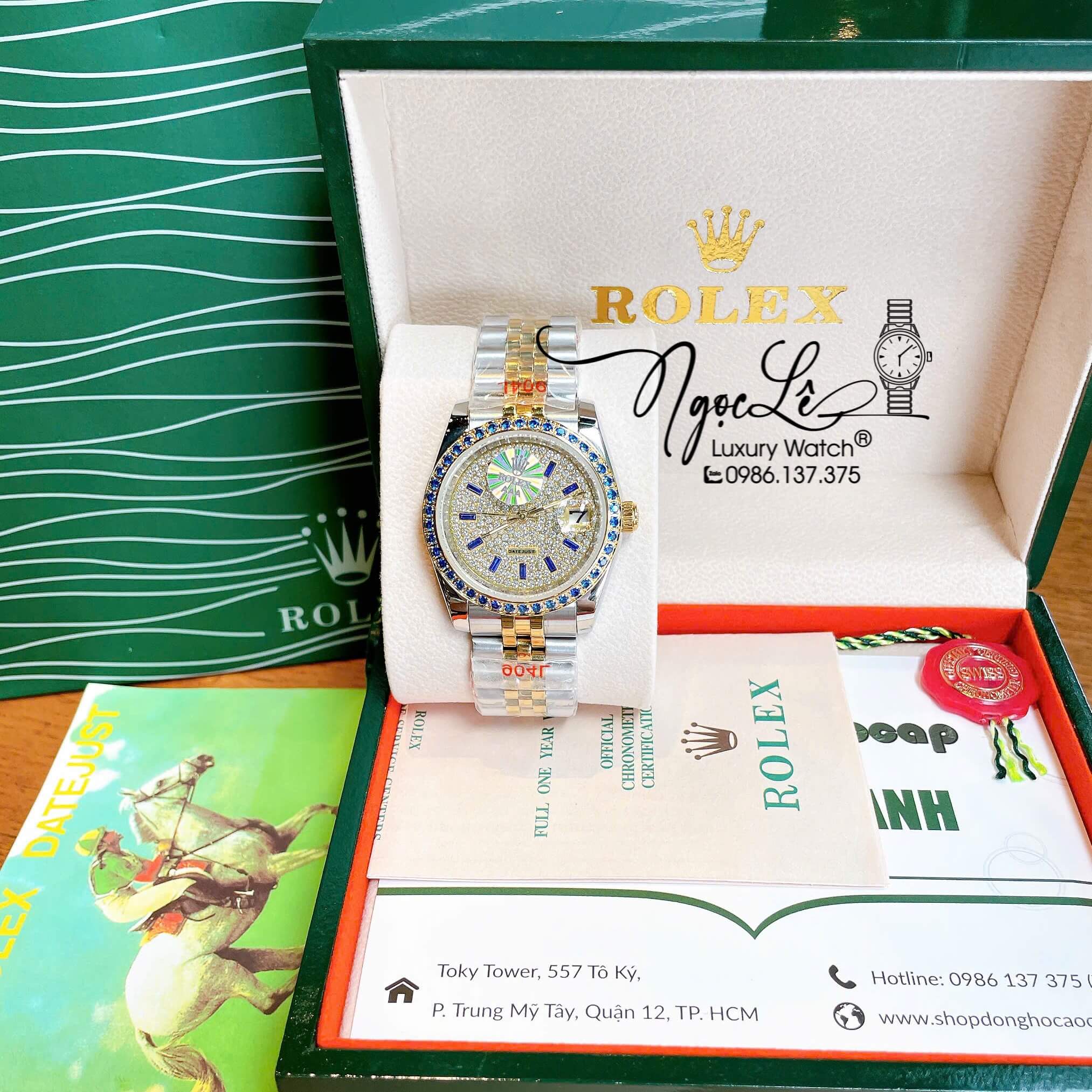 Đồng Hồ Rolex Datejust Pin Dây Kim Loại Demi Vàng Đính Đá Xanh Dương Size 36mm Unisex