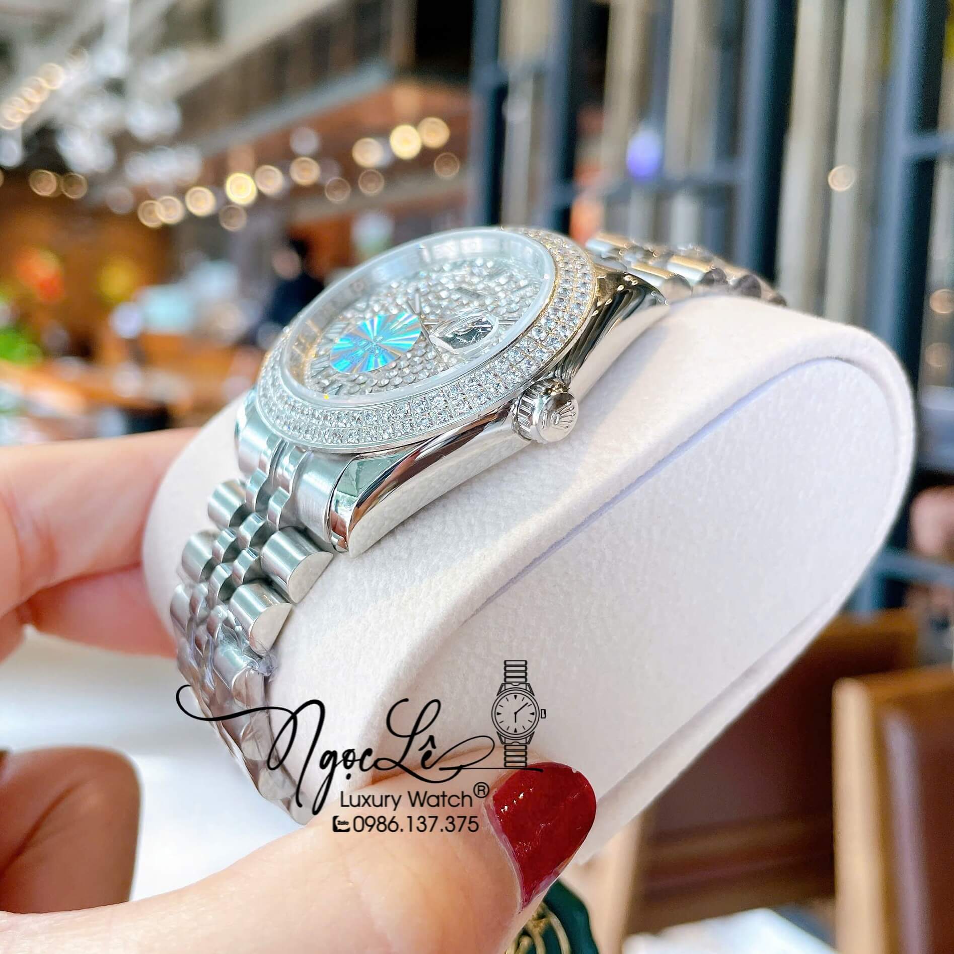 Đồng Hồ Rolex Datejust Pin Dây Kim Loại Màu Bạc Đính Đá Size 36mm Unisex
