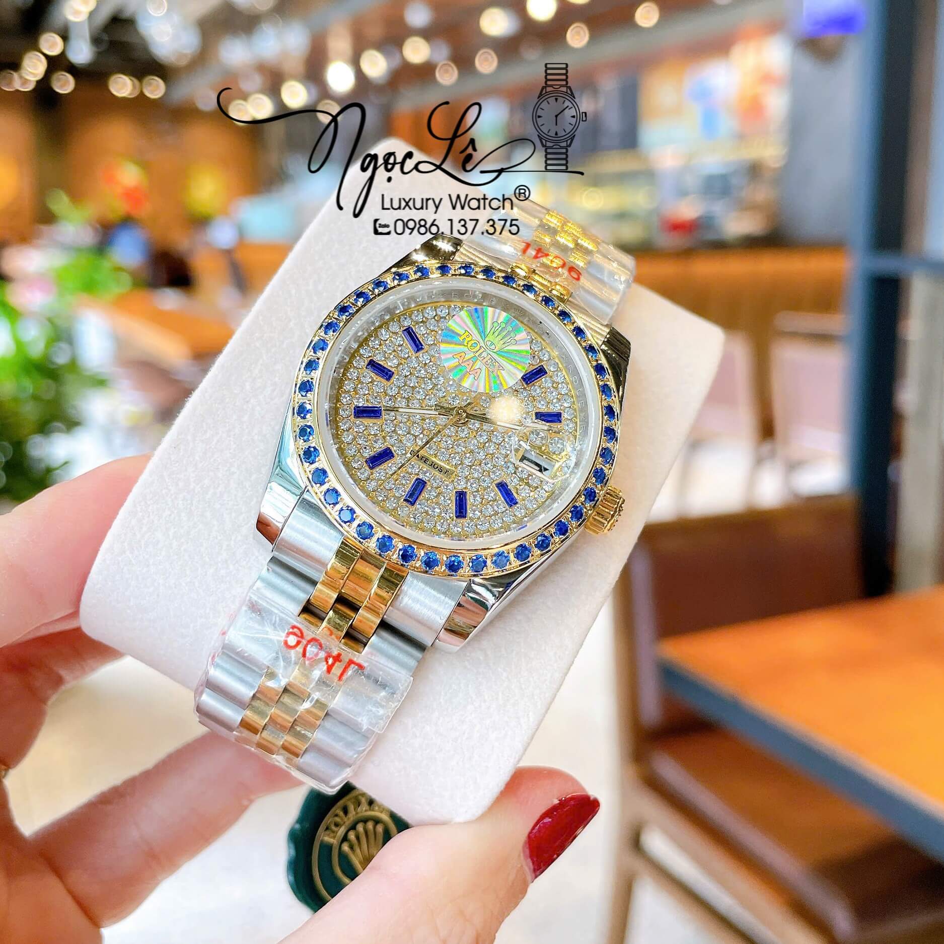 Đồng Hồ Rolex Datejust Pin Dây Kim Loại Demi Vàng Đính Đá Xanh Dương Size 36mm Unisex