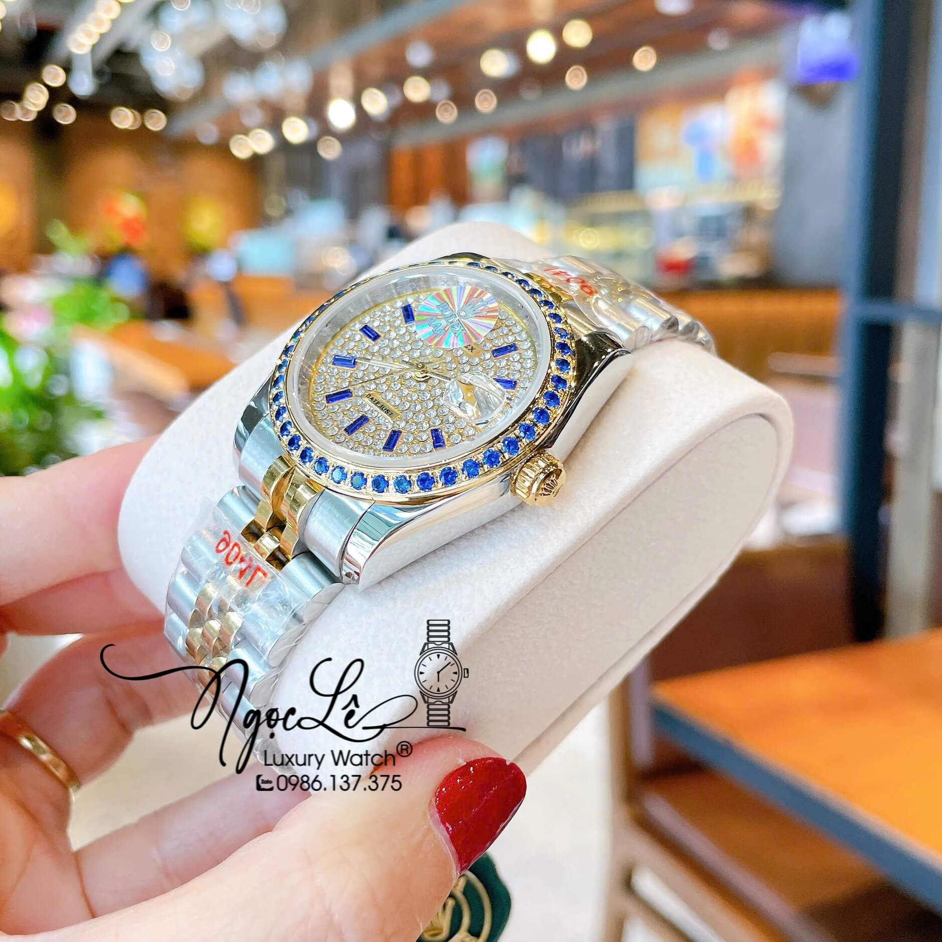 Đồng Hồ Rolex Datejust Pin Dây Kim Loại Demi Vàng Đính Đá Xanh Dương Size 36mm Unisex
