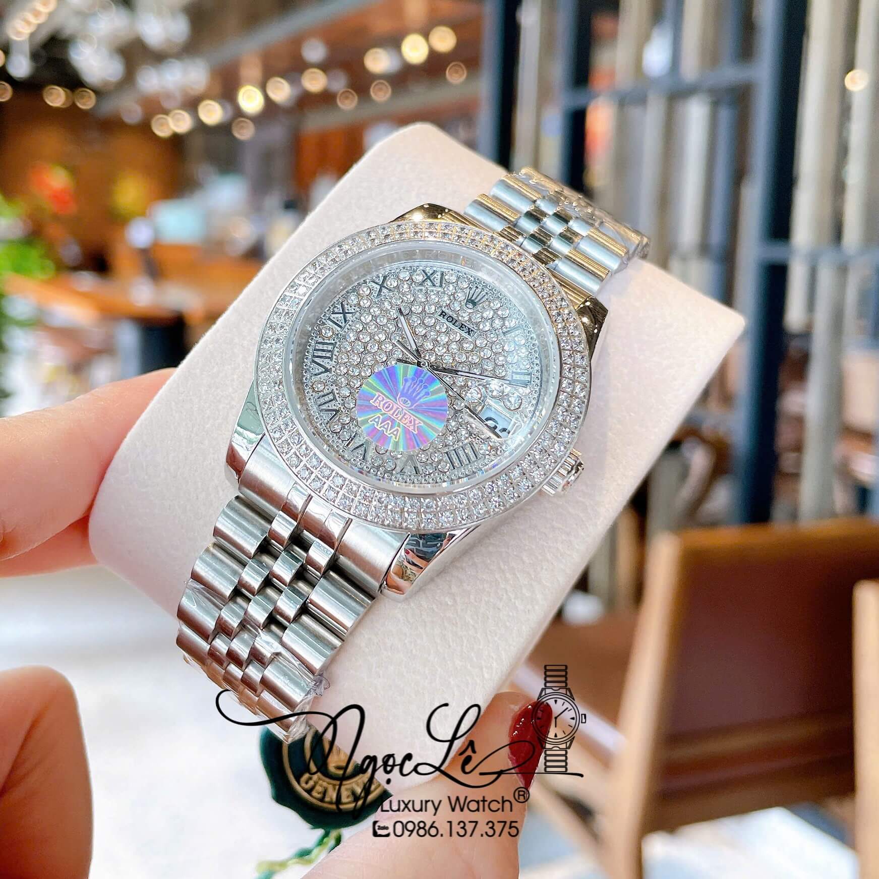 Đồng Hồ Rolex Datejust Pin Dây Kim Loại Màu Bạc Đính Đá Size 36mm Unisex