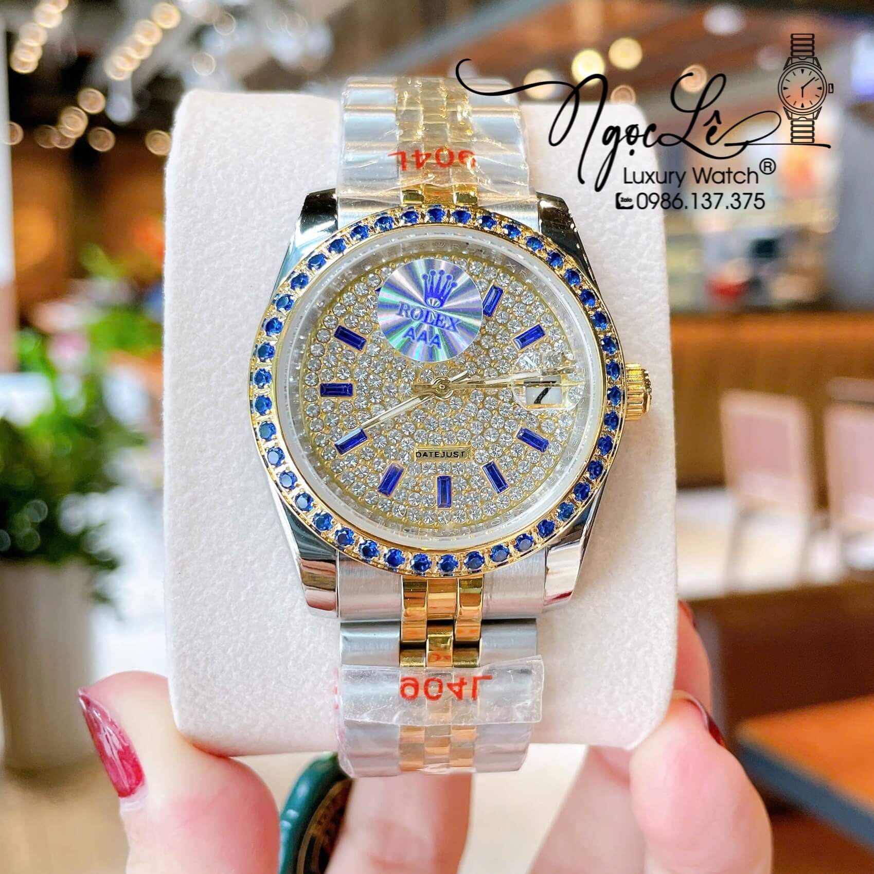 Đồng Hồ Rolex Datejust Pin Dây Kim Loại Demi Vàng Đính Đá Xanh Dương Size 36mm Unisex