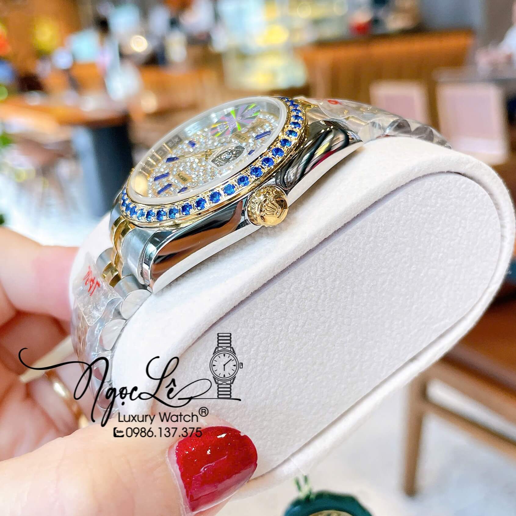 Đồng Hồ Rolex Datejust Pin Dây Kim Loại Demi Vàng Đính Đá Xanh Dương Size 36mm Unisex