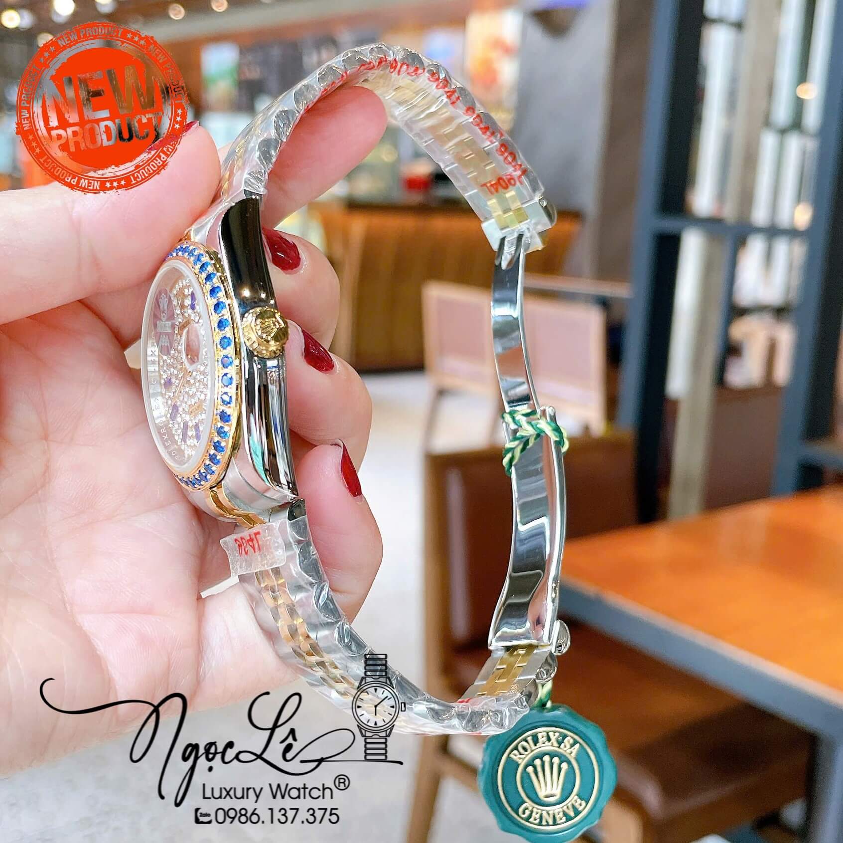Đồng Hồ Rolex Datejust Pin Dây Kim Loại Demi Vàng Đính Đá Xanh Dương Size 36mm Unisex