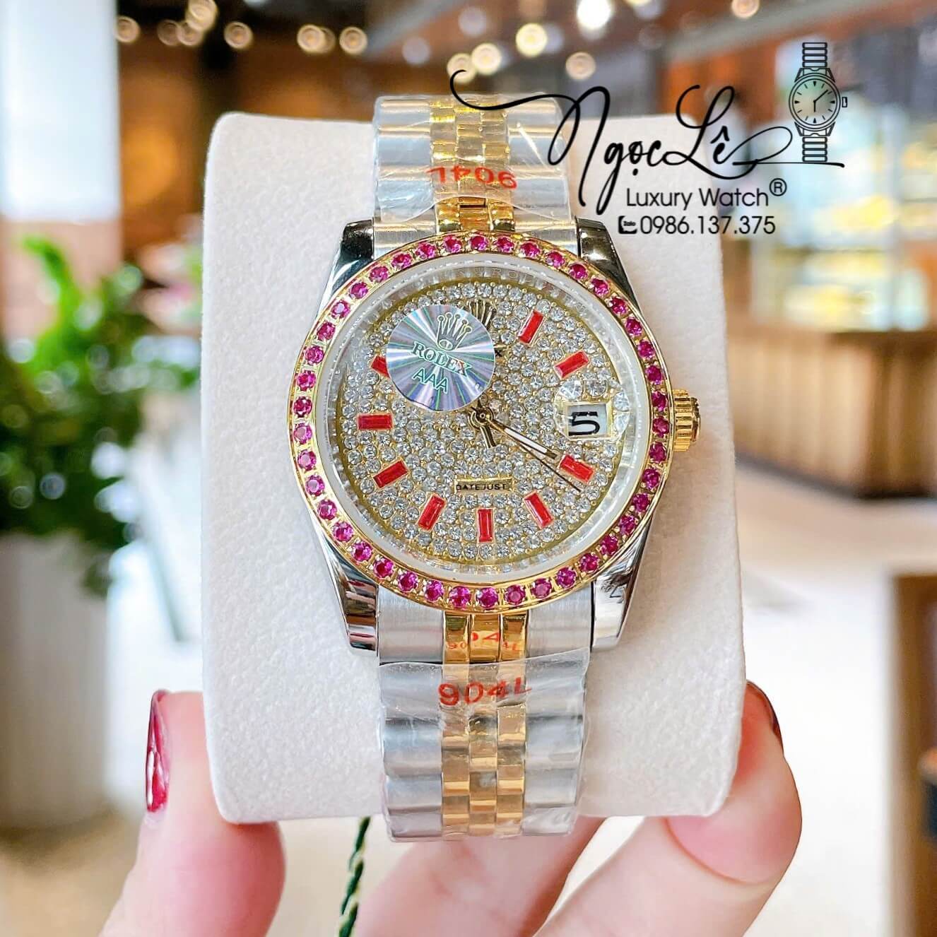 Đồng Hồ Rolex Datejust Pin Dây Kim Loại Demi Vàng Đính Đá Đỏ Size 36mm Unisex