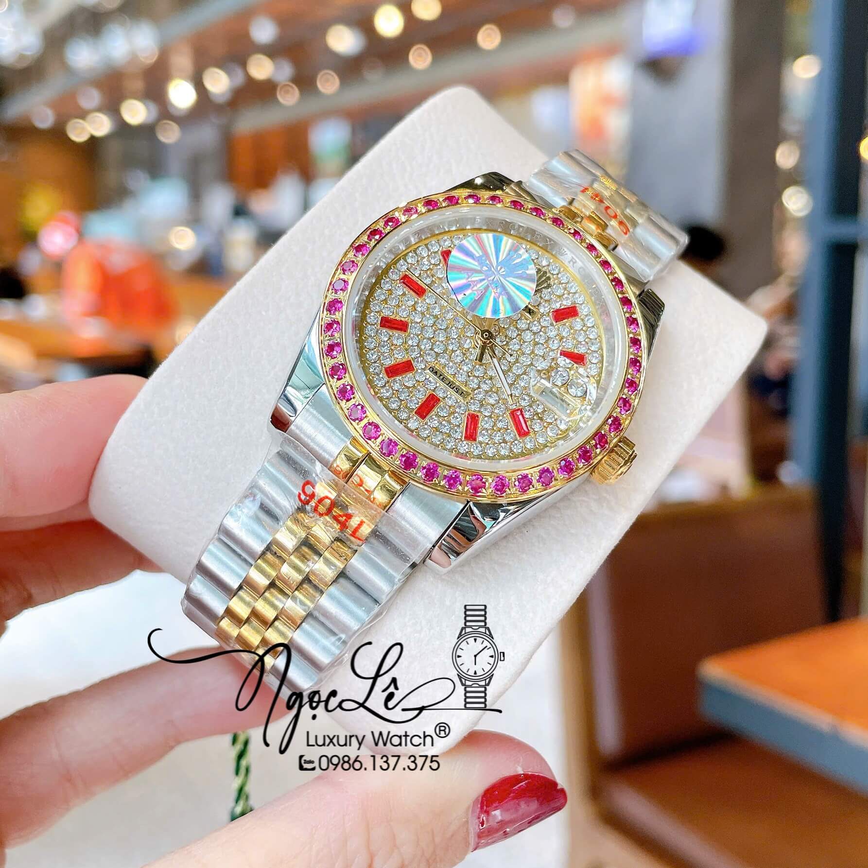 Đồng Hồ Rolex Datejust Pin Dây Kim Loại Demi Vàng Đính Đá Đỏ Size 36mm Unisex