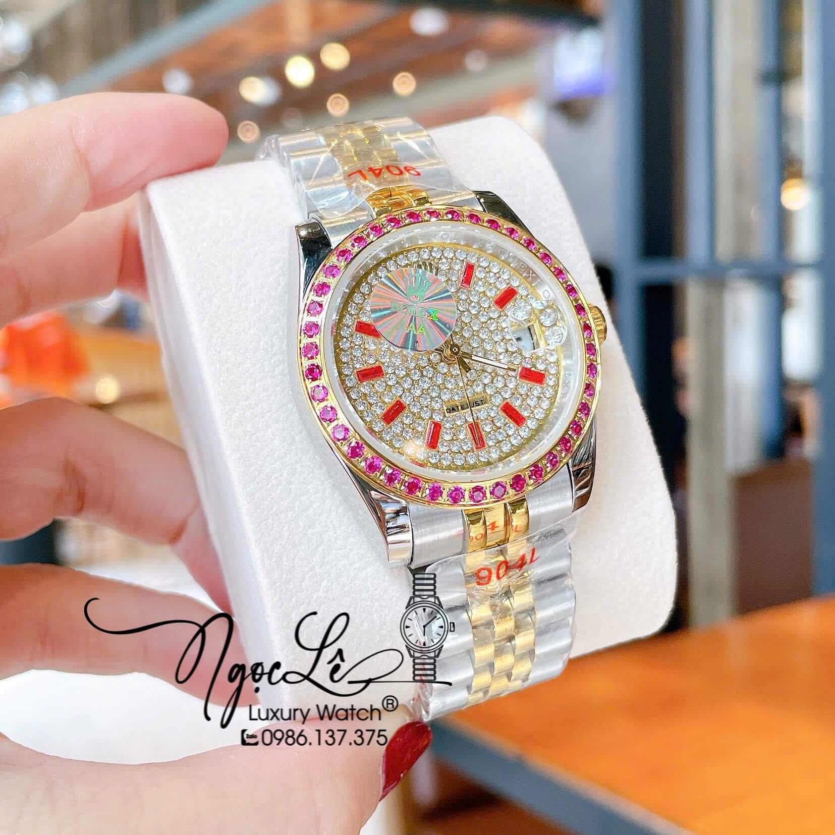 Đồng Hồ Rolex Datejust Pin Dây Kim Loại Demi Vàng Đính Đá Đỏ Size 36mm Unisex