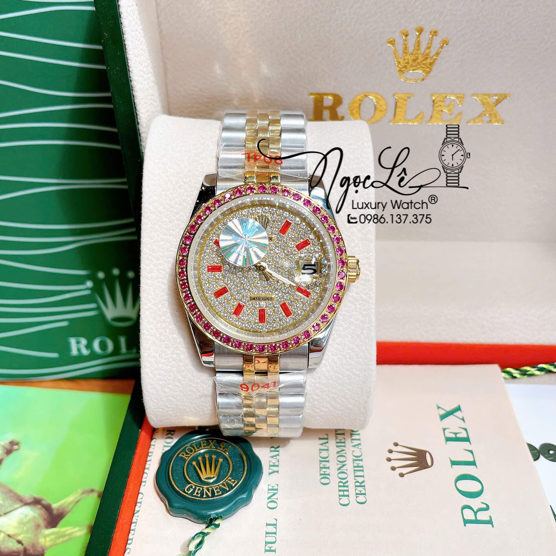 Đồng Hồ Rolex Datejust Pin Dây Kim Loại Demi Vàng Đính Đá Đỏ Size 36mm Unisex