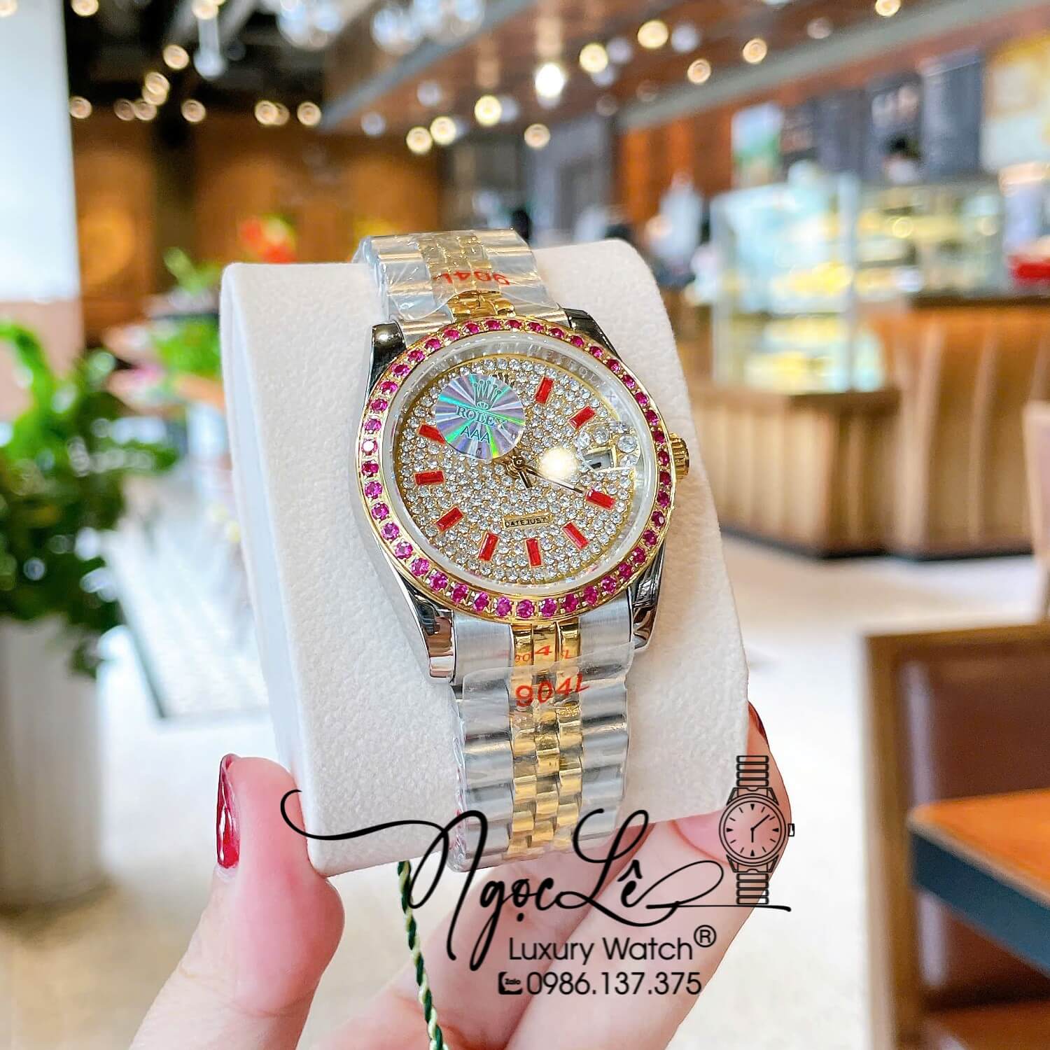 Đồng Hồ Rolex Datejust Pin Dây Kim Loại Demi Vàng Đính Đá Đỏ Size 36mm Unisex