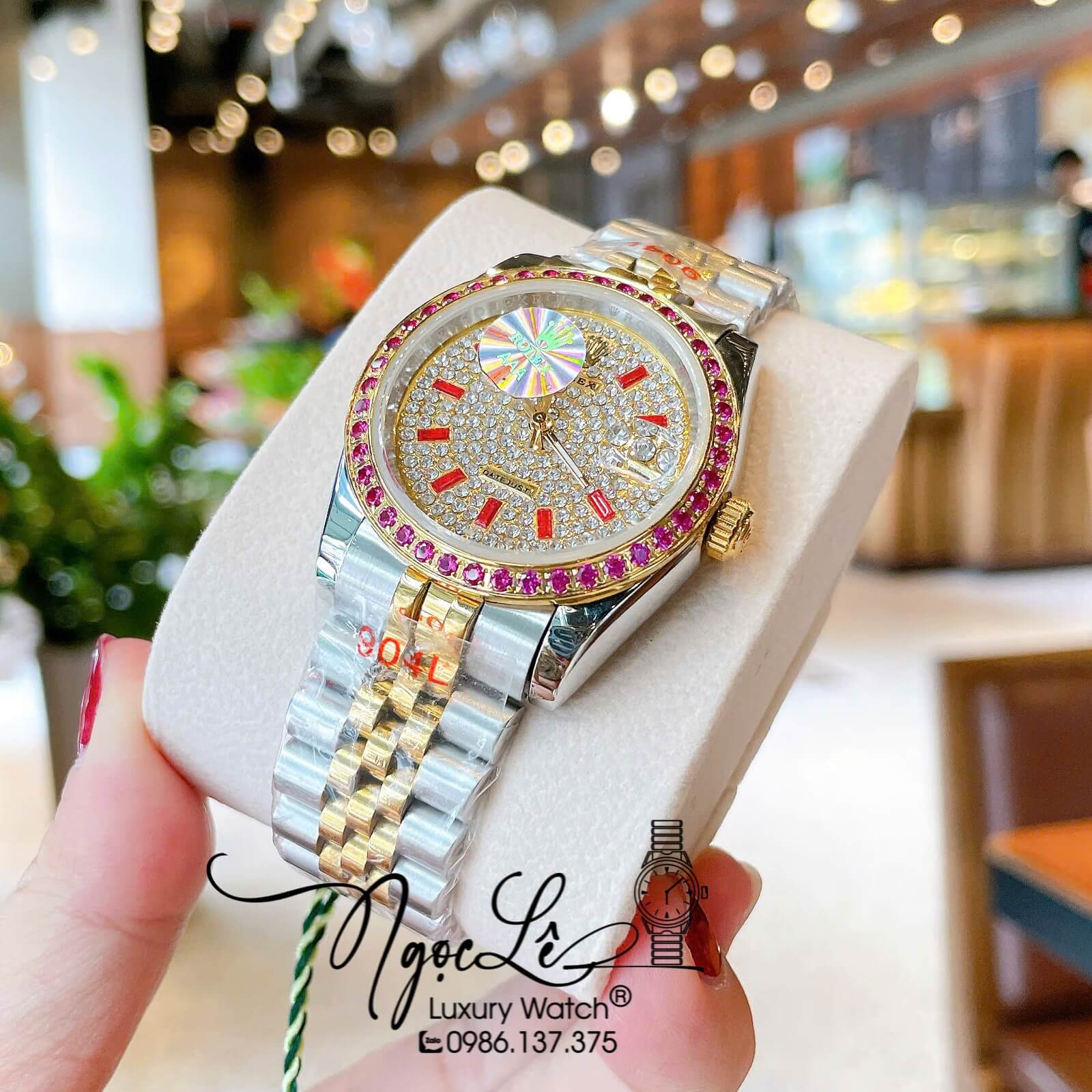 Đồng Hồ Rolex Datejust Pin Dây Kim Loại Demi Vàng Đính Đá Đỏ Size 36mm Unisex