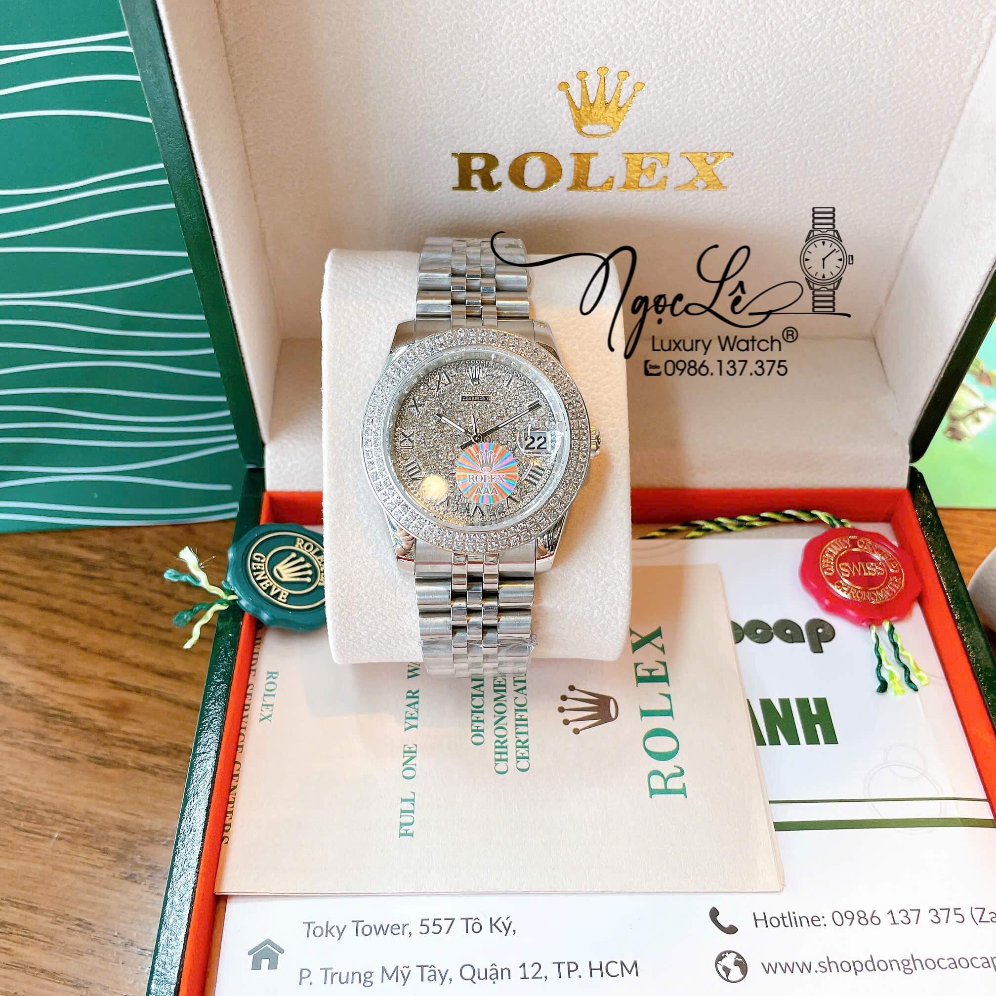 Đồng Hồ Rolex Datejust Pin Dây Kim Loại Màu Bạc Đính Đá Size 36mm Unisex