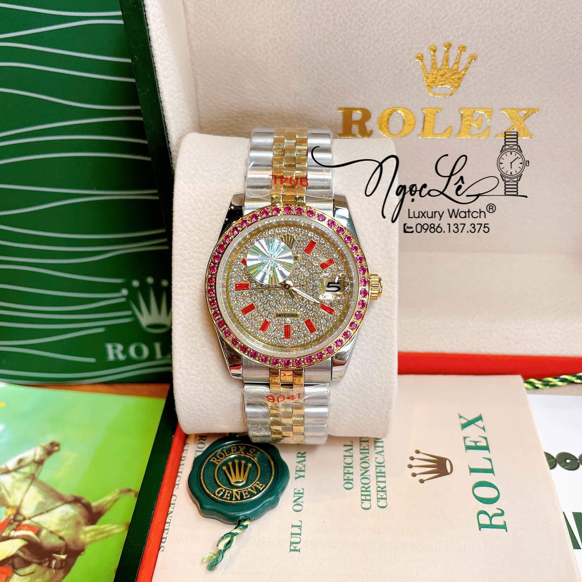 Đồng Hồ Rolex Datejust Pin Dây Kim Loại Demi Vàng Đính Đá Đỏ Size 36mm Unisex