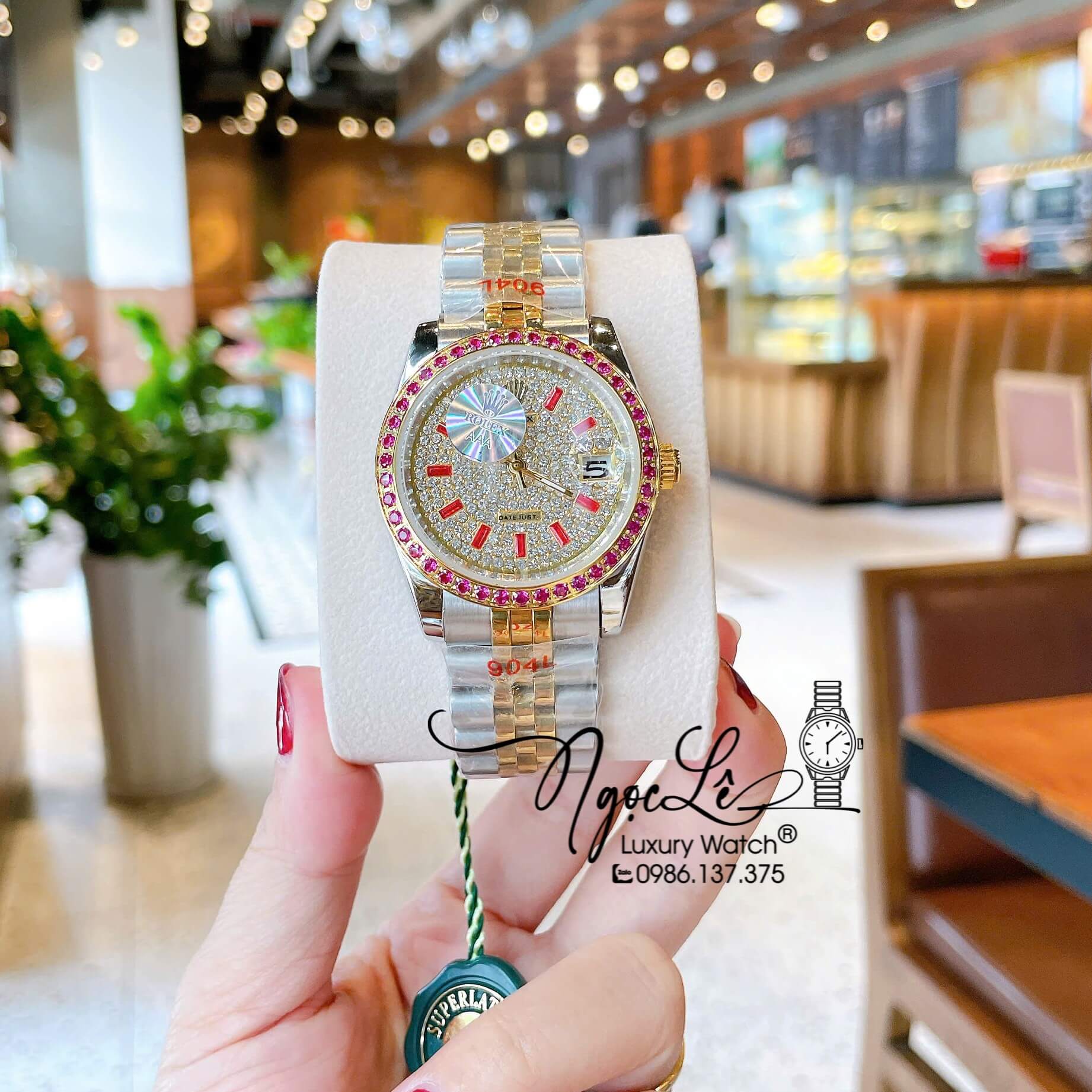 Đồng Hồ Rolex Datejust Pin Dây Kim Loại Demi Vàng Đính Đá Đỏ Size 36mm Unisex