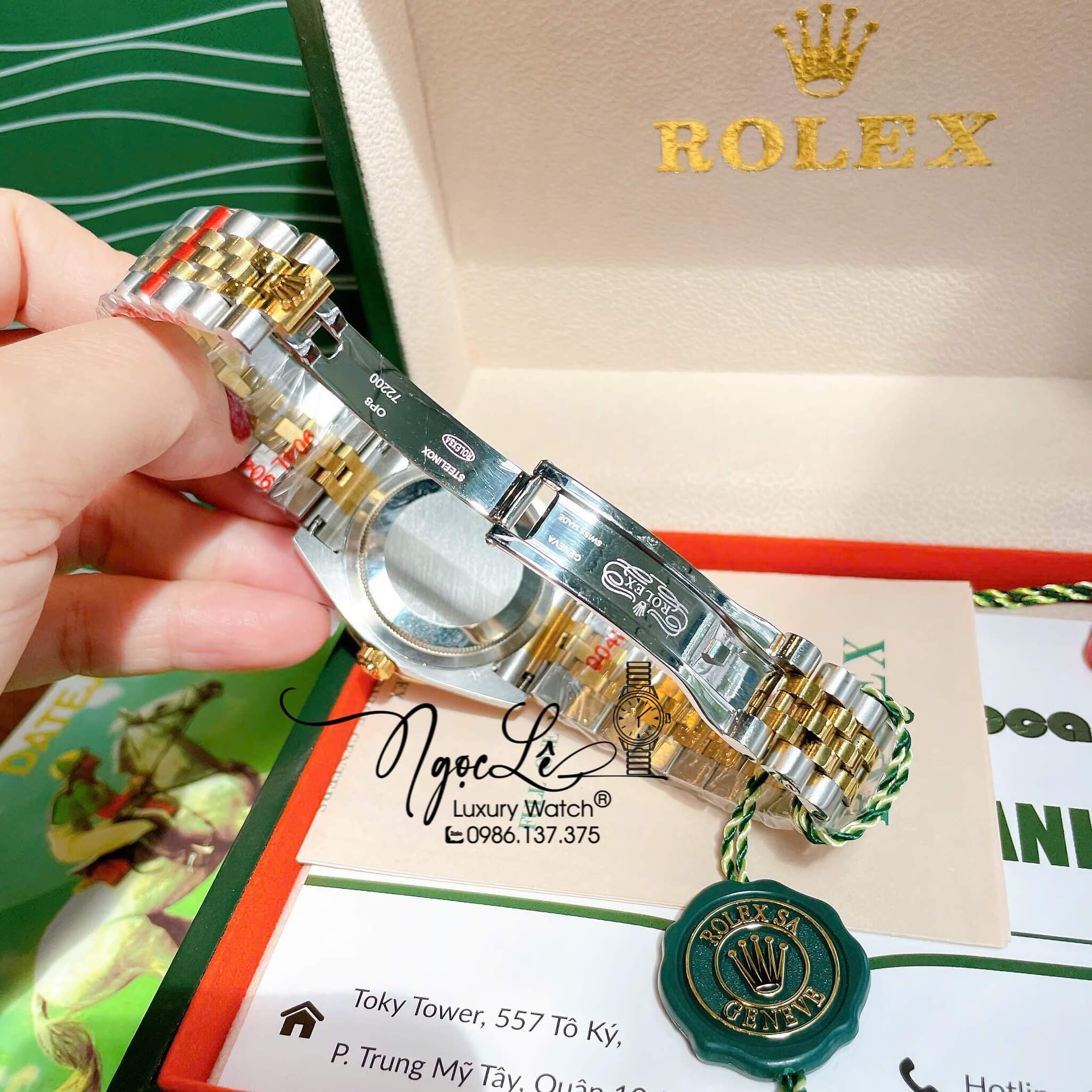 Đồng Hồ Rolex Datejust Pin Dây Kim Loại Demi Vàng Đính Đá Đỏ Size 36mm Unisex