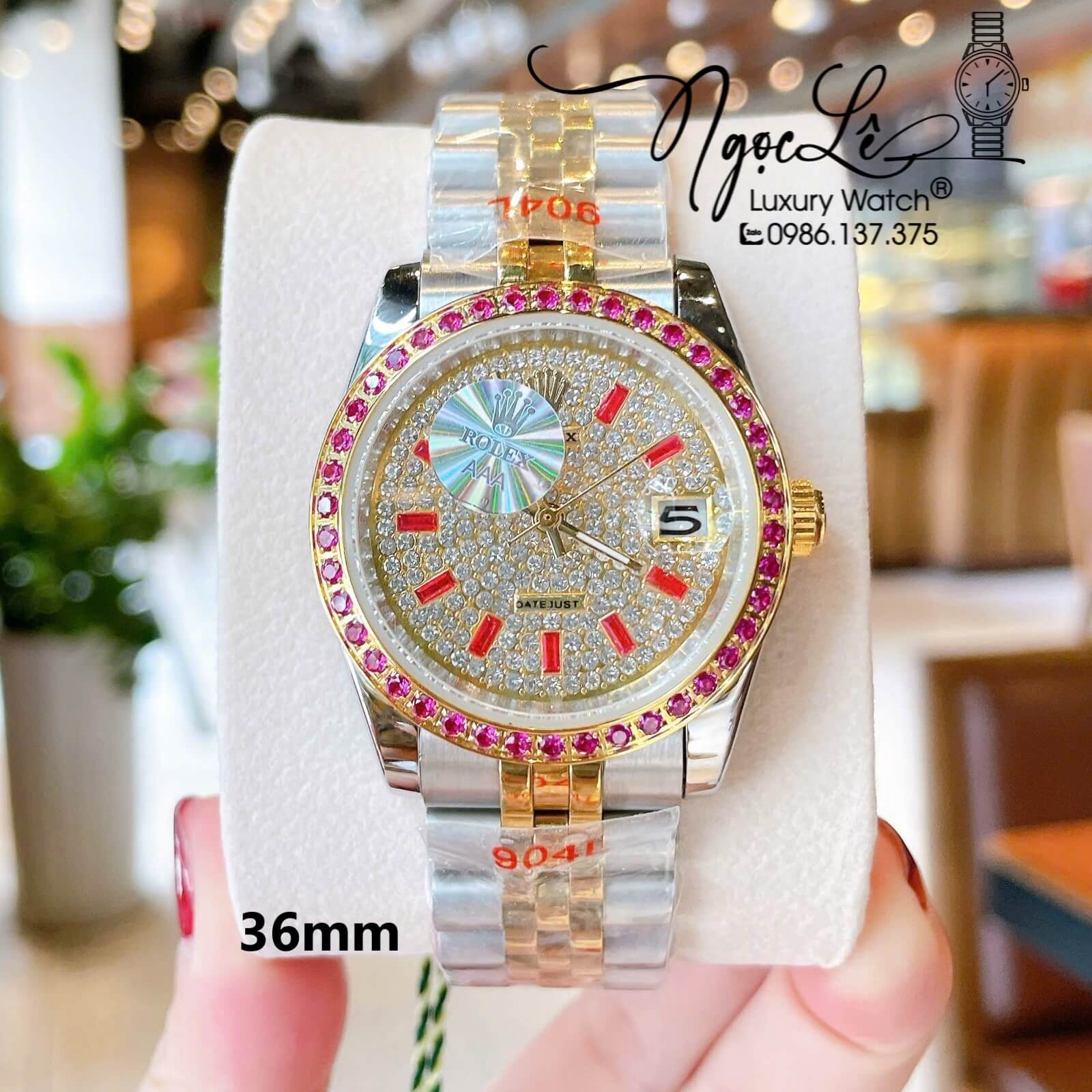 Đồng Hồ Rolex Datejust Pin Dây Kim Loại Demi Vàng Đính Đá Đỏ Size 36mm Unisex