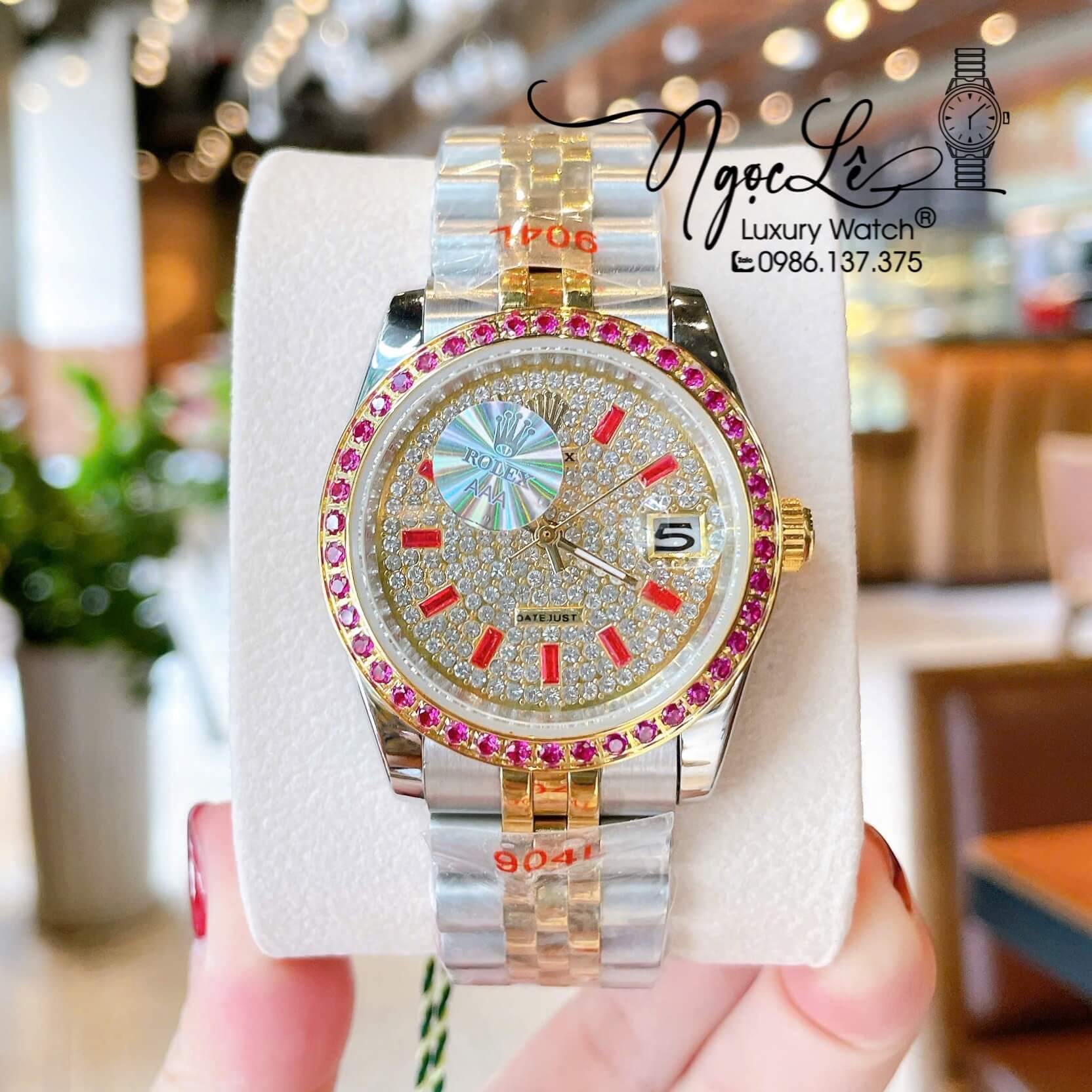 Đồng Hồ Rolex Datejust Pin Dây Kim Loại Demi Vàng Đính Đá Đỏ Size 36mm Unisex
