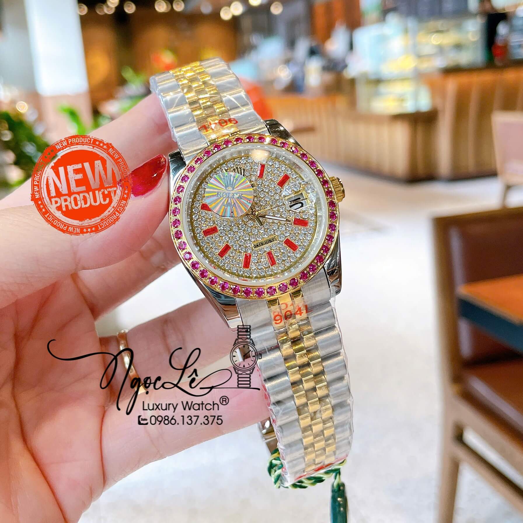 Đồng Hồ Rolex Datejust Pin Dây Kim Loại Demi Vàng Đính Đá Đỏ Size 36mm Unisex
