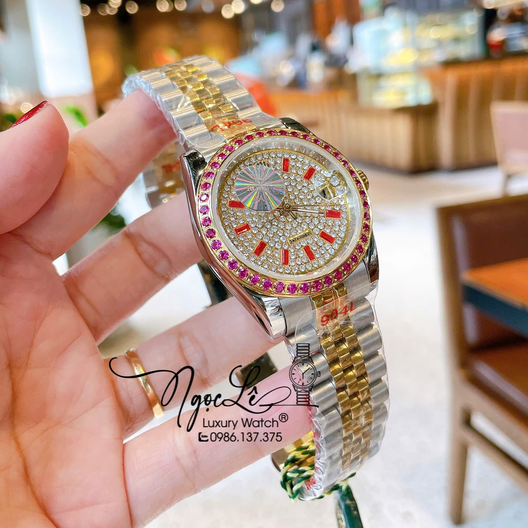 Đồng Hồ Rolex Datejust Pin Dây Kim Loại Demi Vàng Đính Đá Đỏ Size 36mm Unisex