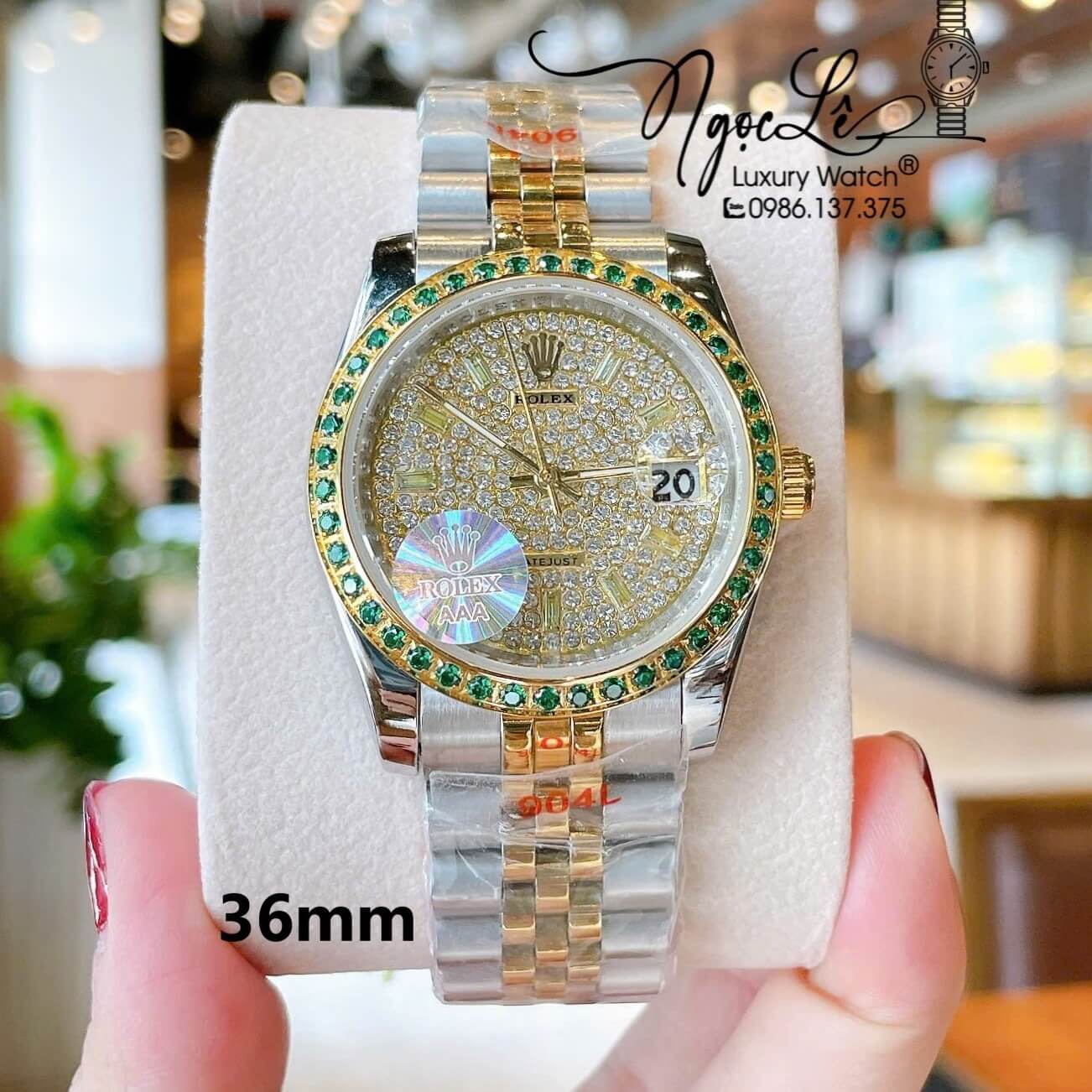 Đồng Hồ Rolex Datejust Pin Dây Kim Loại Demi Vàng Đính Đá Xanh Lá Size 36mm Unisex