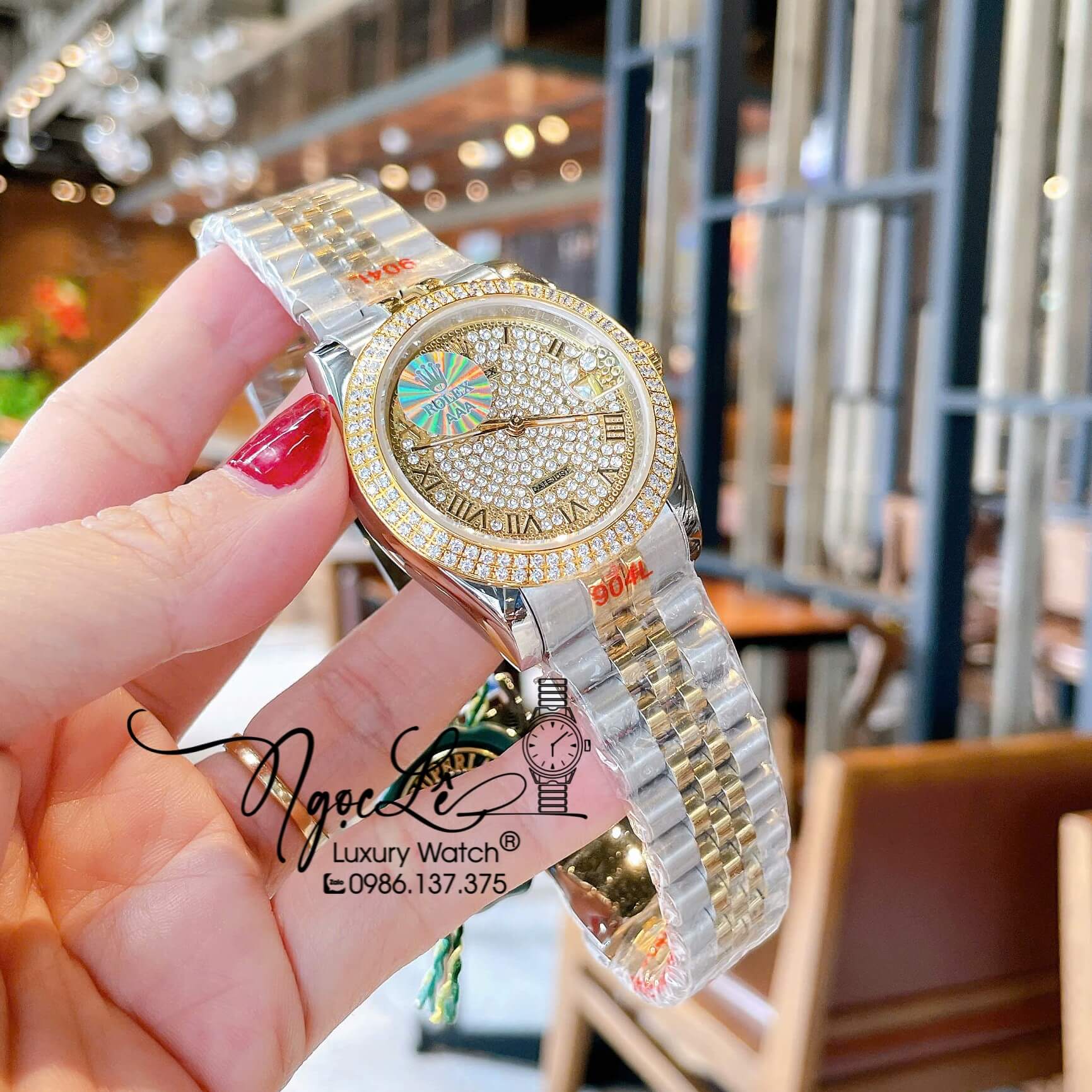 Đồng Hồ Rolex Datejust Pin Dây Kim Loại Demi Vàng Mặt Đính Đá Size 36mm Unisex