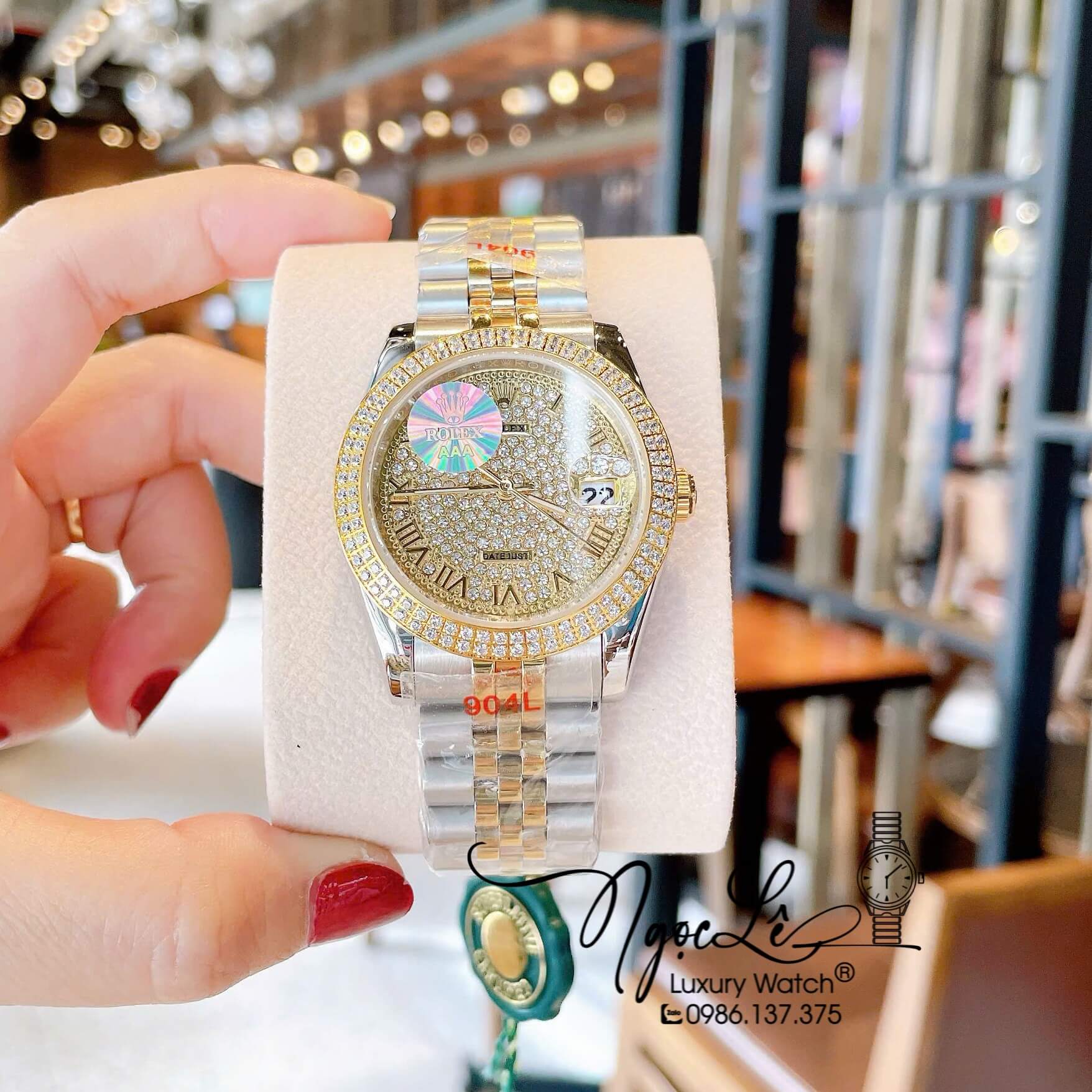 Đồng Hồ Rolex Datejust Pin Dây Kim Loại Demi Vàng Mặt Đính Đá Size 36mm Unisex
