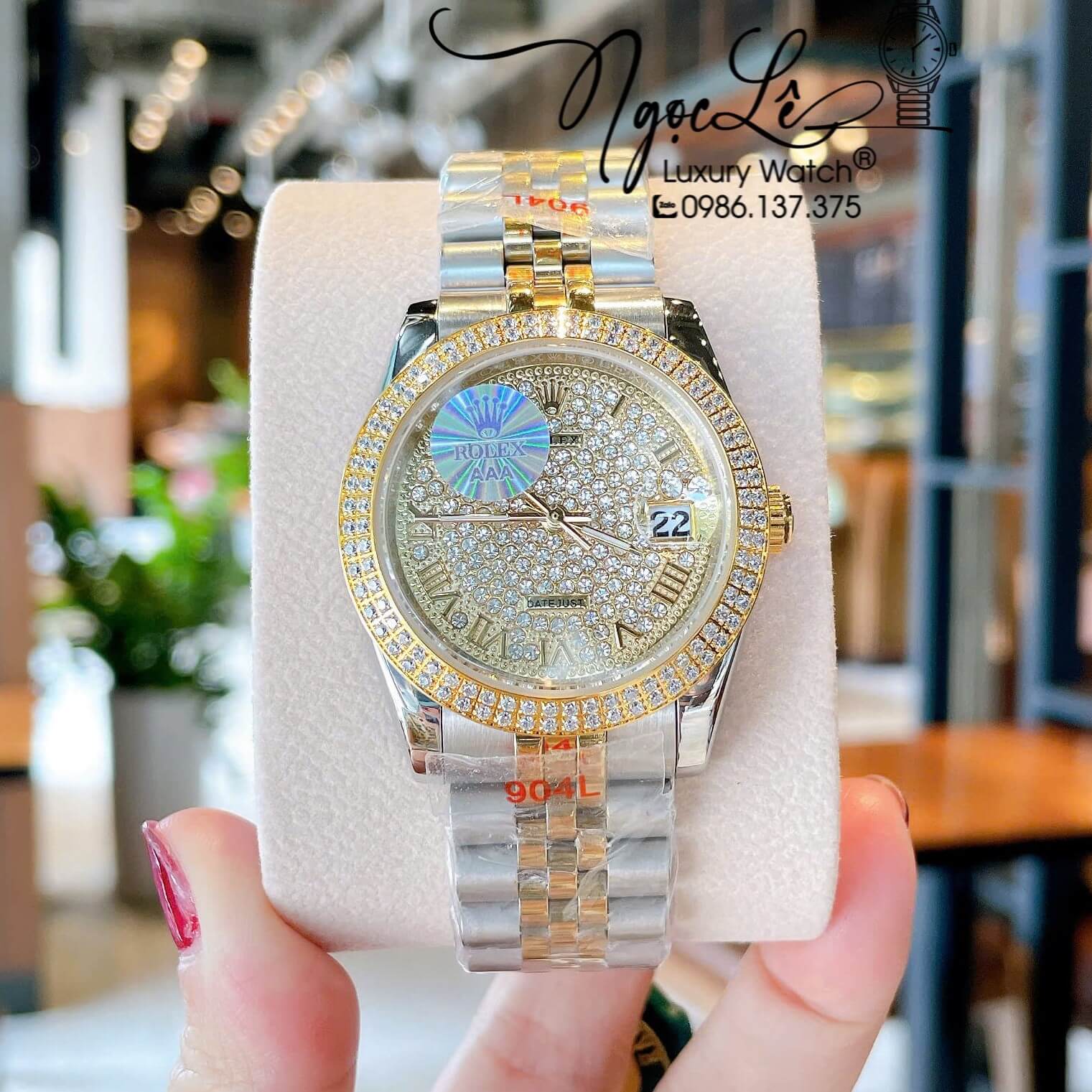 Đồng Hồ Rolex Datejust Pin Dây Kim Loại Demi Vàng Mặt Đính Đá Size 36mm Unisex