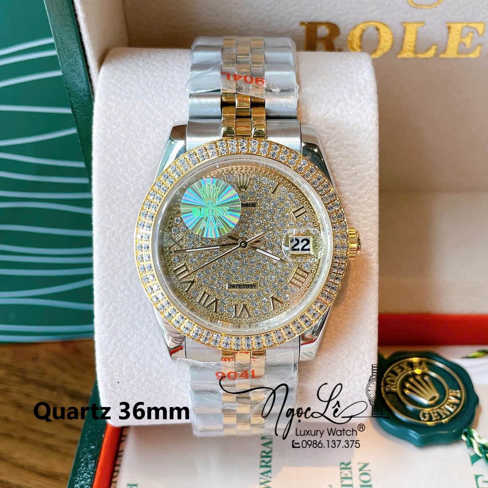 Đồng Hồ Rolex Datejust Pin Dây Kim Loại Demi Vàng Mặt Đính Đá Size 38mm Unisex