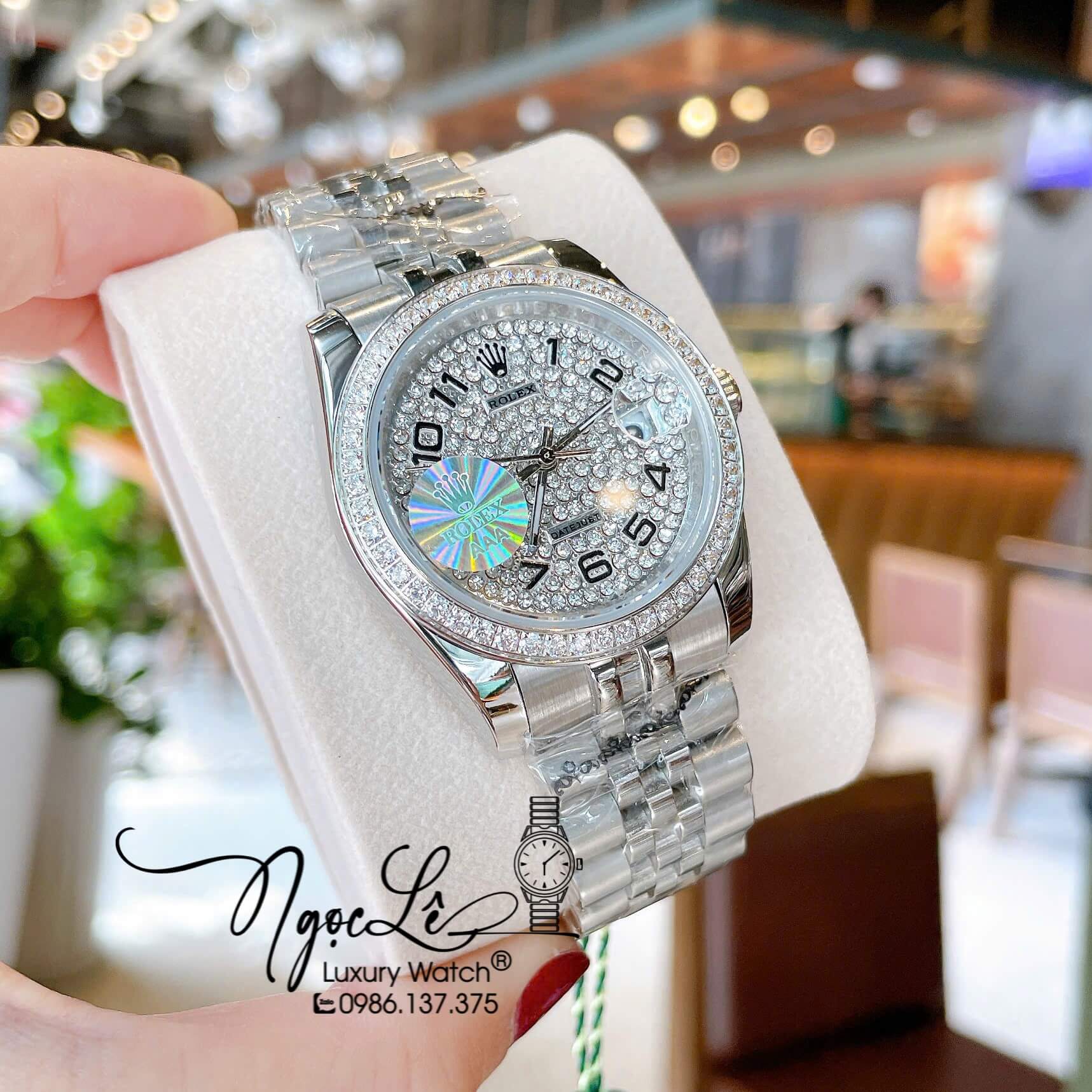 Đồng Hồ Rolex Datejust Pin Dây Kim Loại Màu Bạc Đính Đá Size 36mm Unisex Mặt Số Đen
